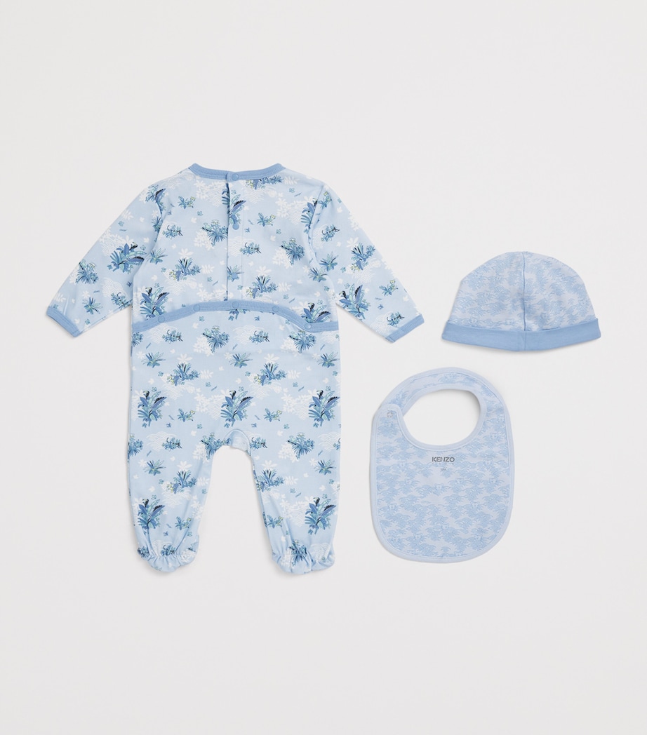Kenzo Kids Floral All-In-One, Hat and Bib Set (3-24 Months) Pale Blue Image 2