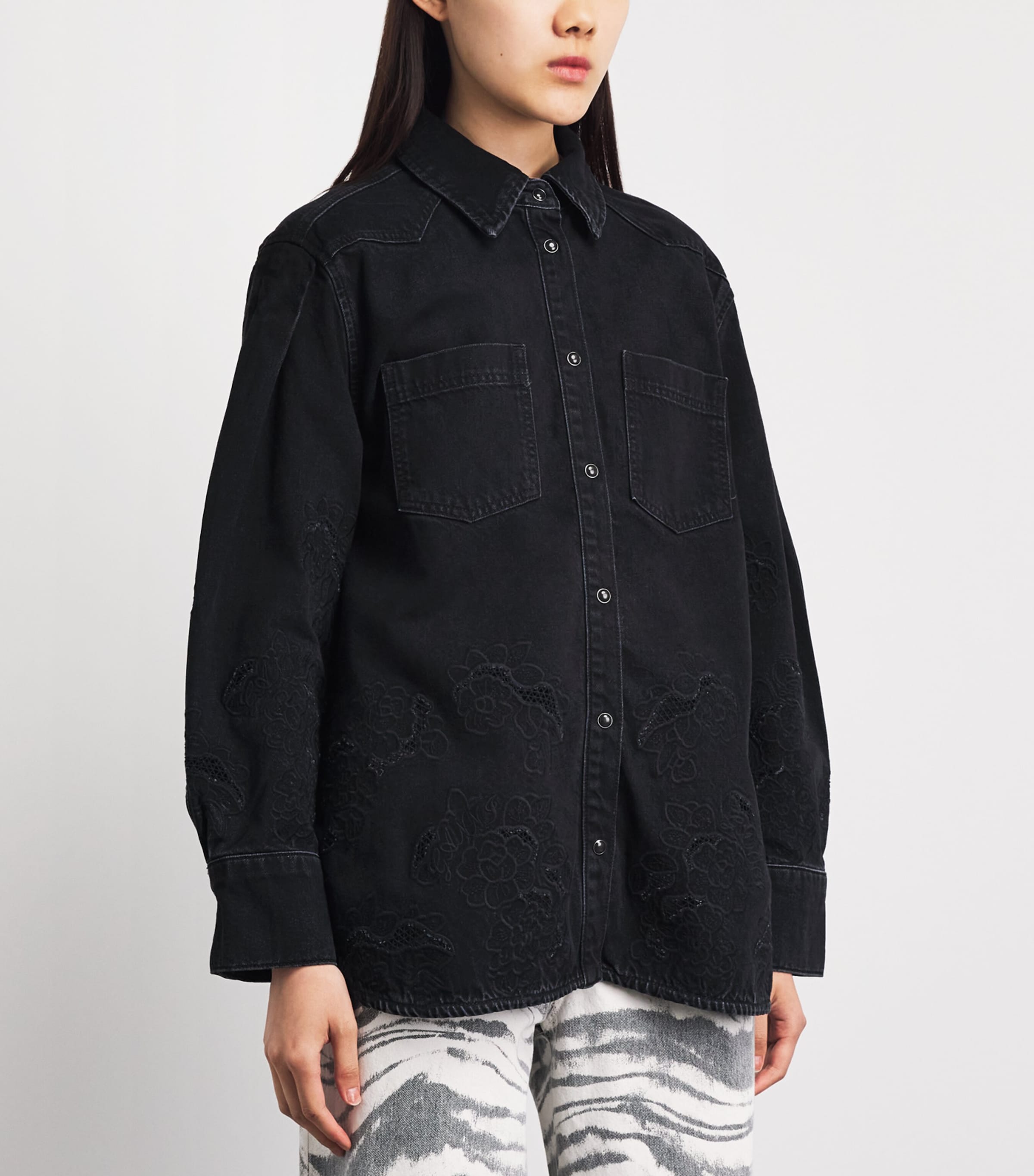 GANNI Womens Broderie Anglaise Denim Jacket Black Washed Image 4