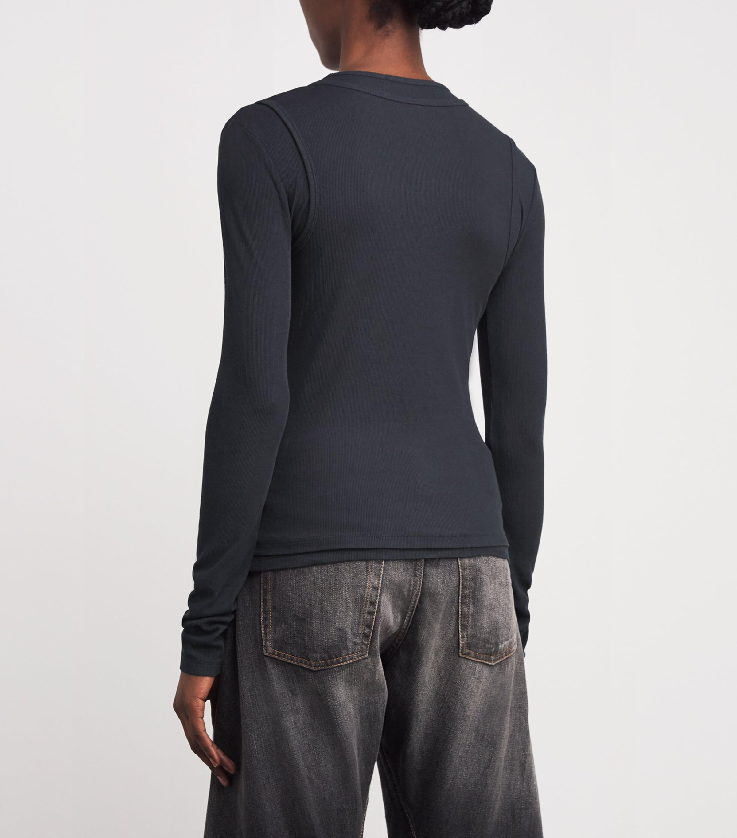 Stretch-Cotton Printed Layered T-Shirt BLACK Image 4