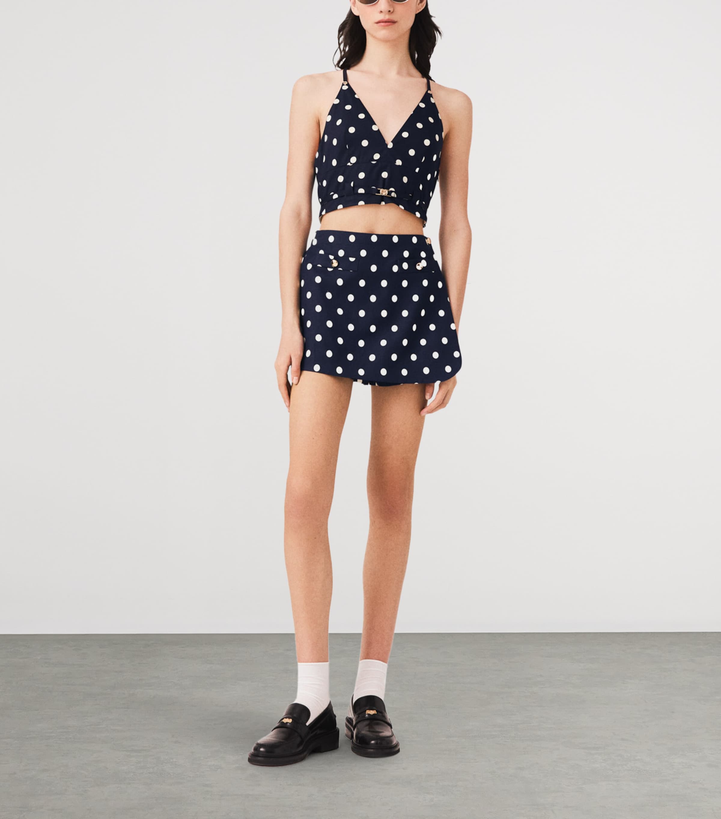 Maje Womens Linen-Blend Polka-Dot Mini Skort Navy Dots Print Image 2