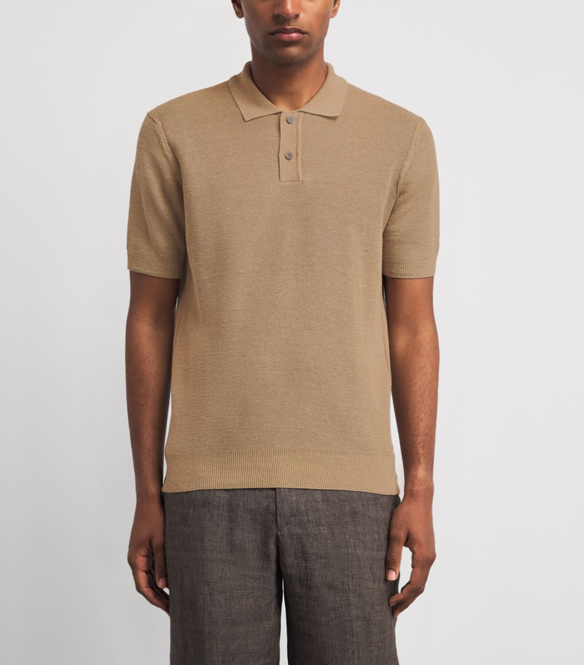 Sunspel Mens Linen-Silk Honeycomb Polo shirt Brgt Hazelwood Image 4