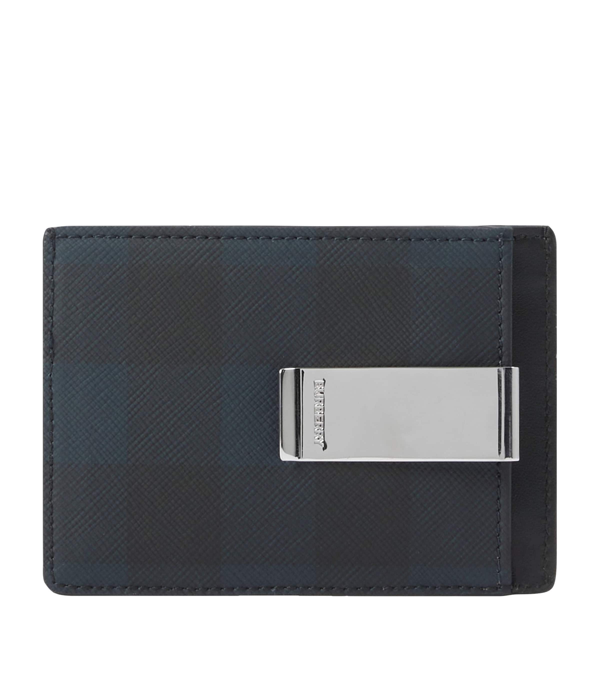 Burberry Check Money Clip Card Holder In Navy