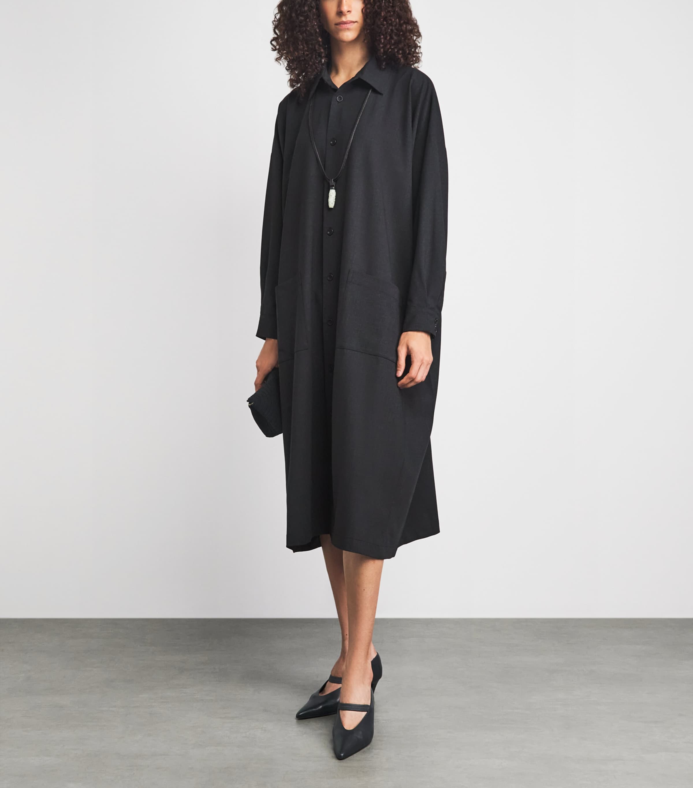 Eskandar Womens Stretch-Wool Midi Shirt Dress Coal Image 2