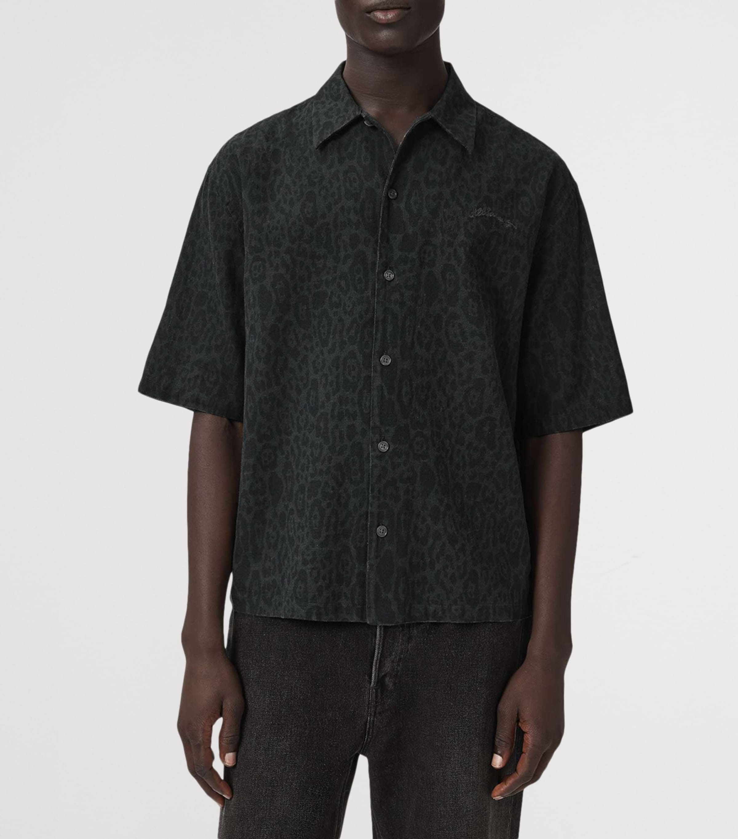 AllSaints Mens Organic Cotton-Linen Leopardo Shirt Iron Black Image 3