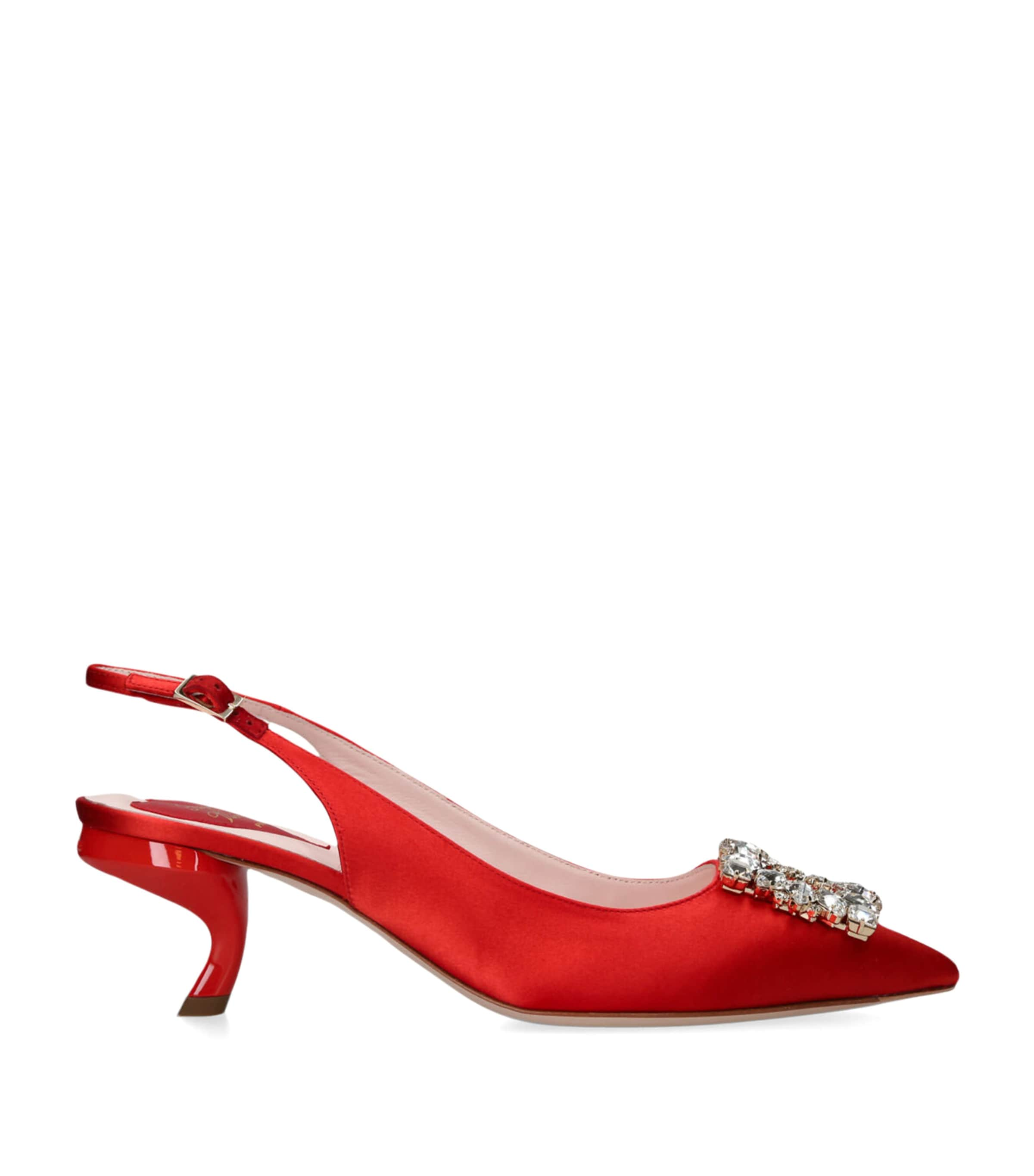 Shop Roger Vivier Satin Embellished Slingback Mules 55 In Red