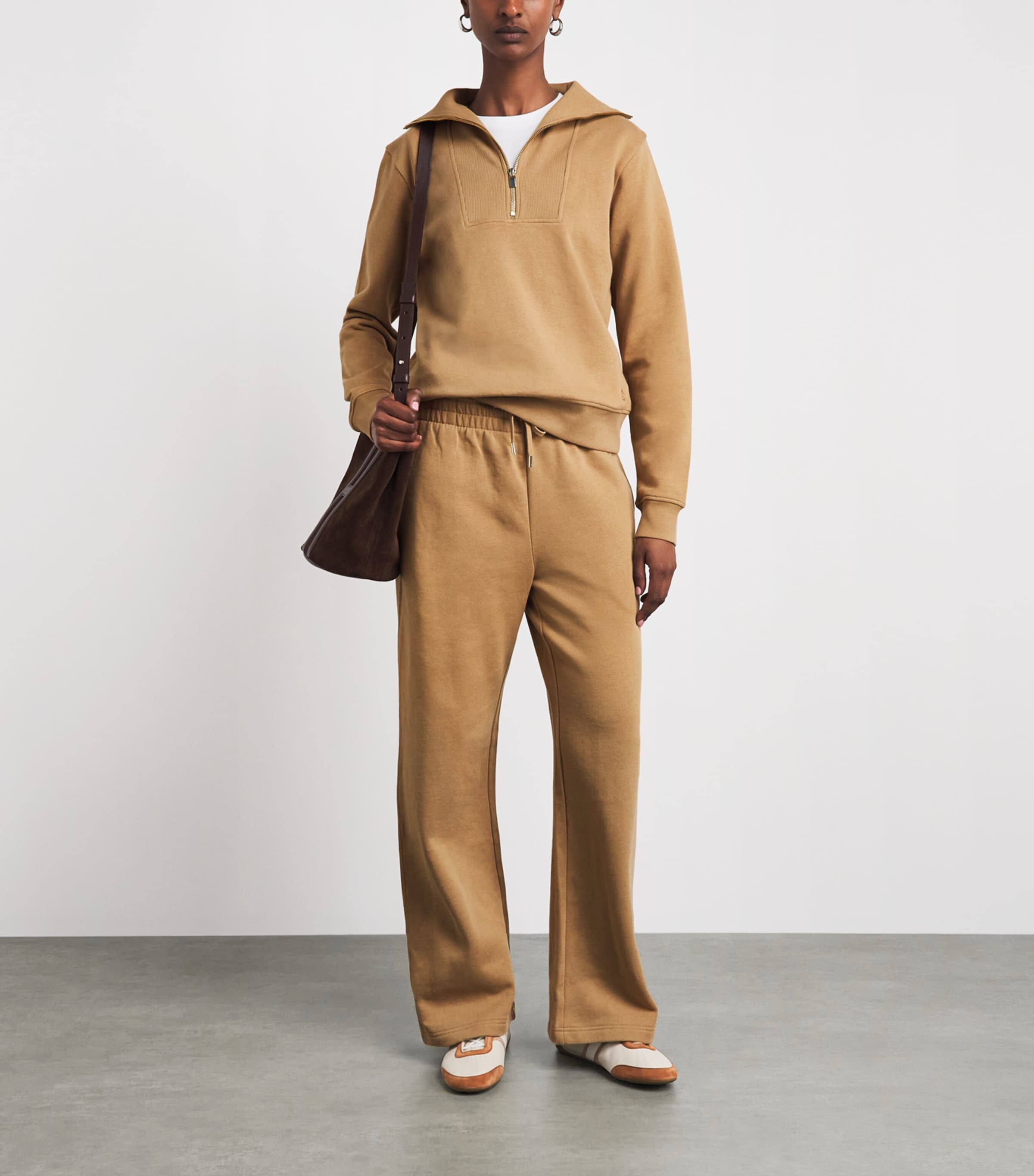 Harrods Womens Cotton Zip-Up Funnel-Neck Sweater Camel Image 2