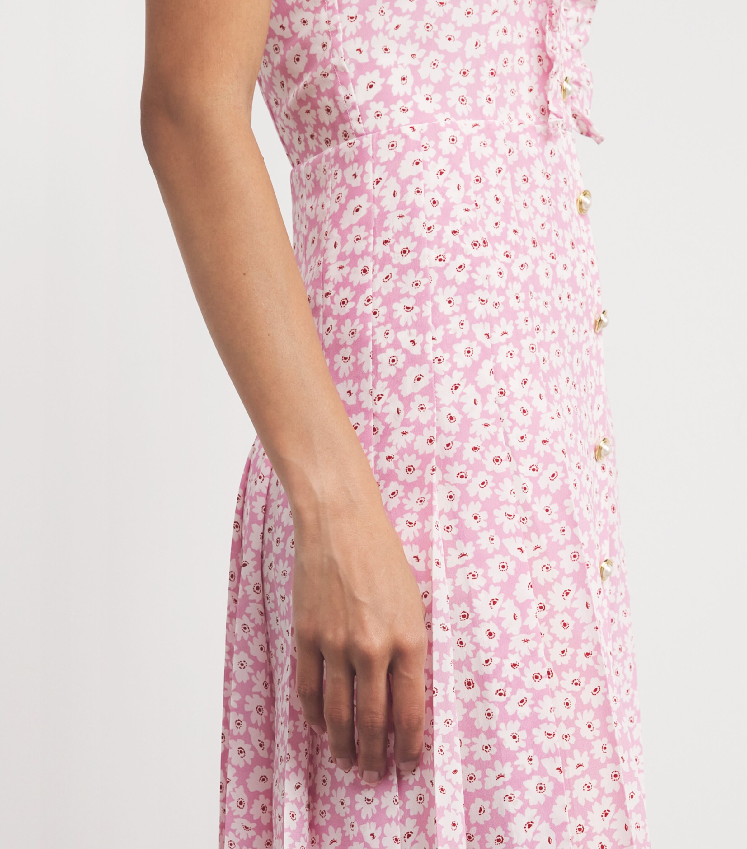 strapless open back dress Strapless pink maxi dress with blue-flowered pattern, Glow-Up