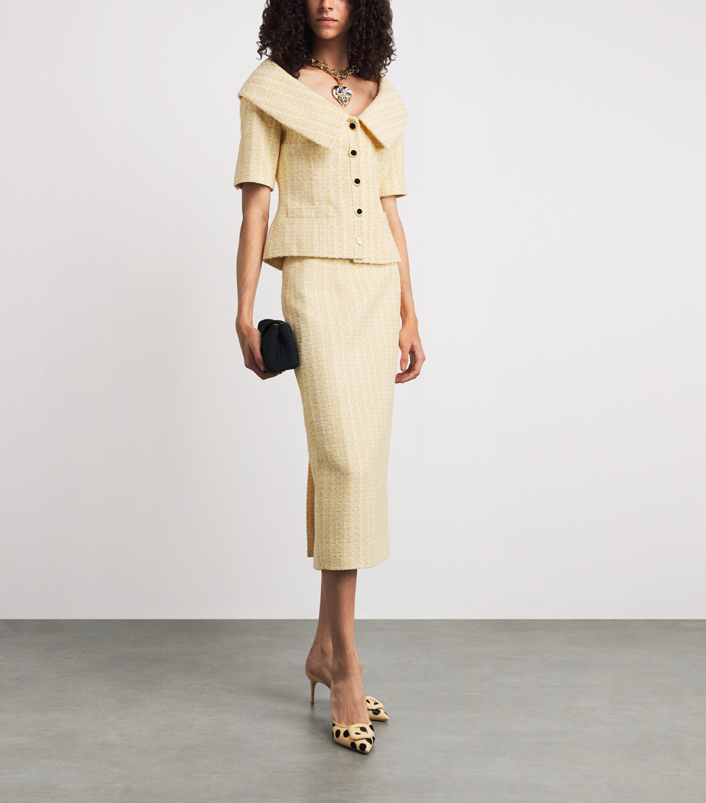 Alessandra Rich Womens Tweed Sequin-Embellished Midi Skirt Yellow Whit Image 2