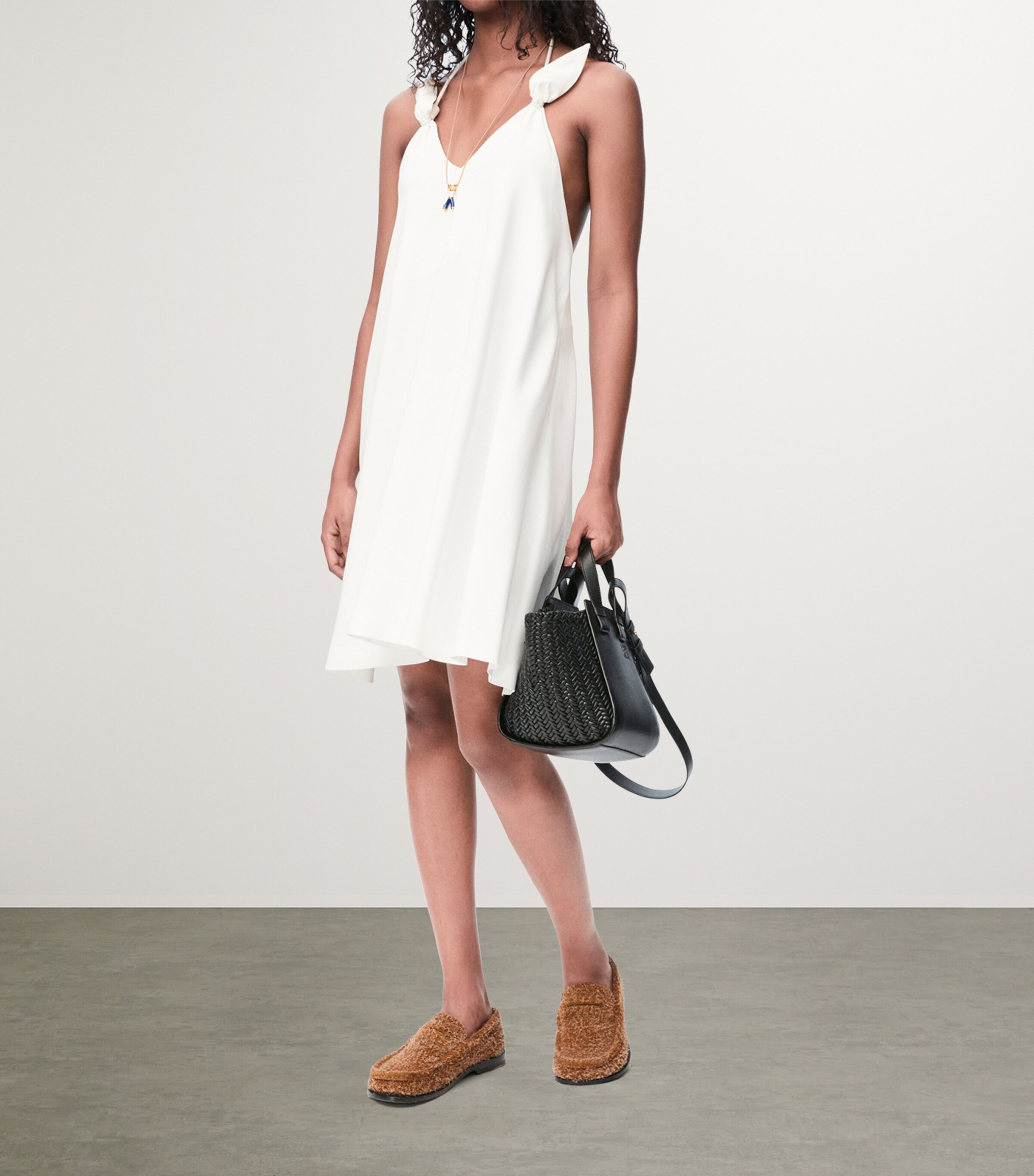 loewe white mini dress LOEWE Pleated three-quarter Sleeve Mini Dress | White