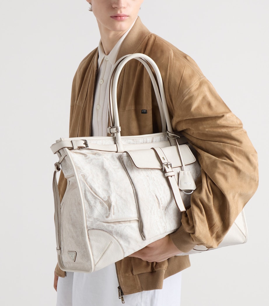 Prada Printed Linen and Leather Bonnie Tote Bag White Image 2