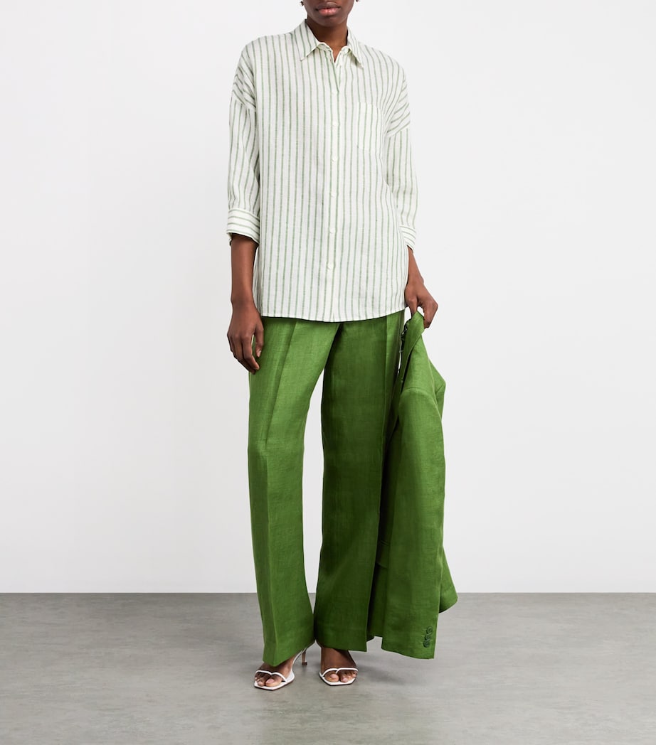 Linen Cropped-Sleeve Stripe Shirt GREEN Image 2