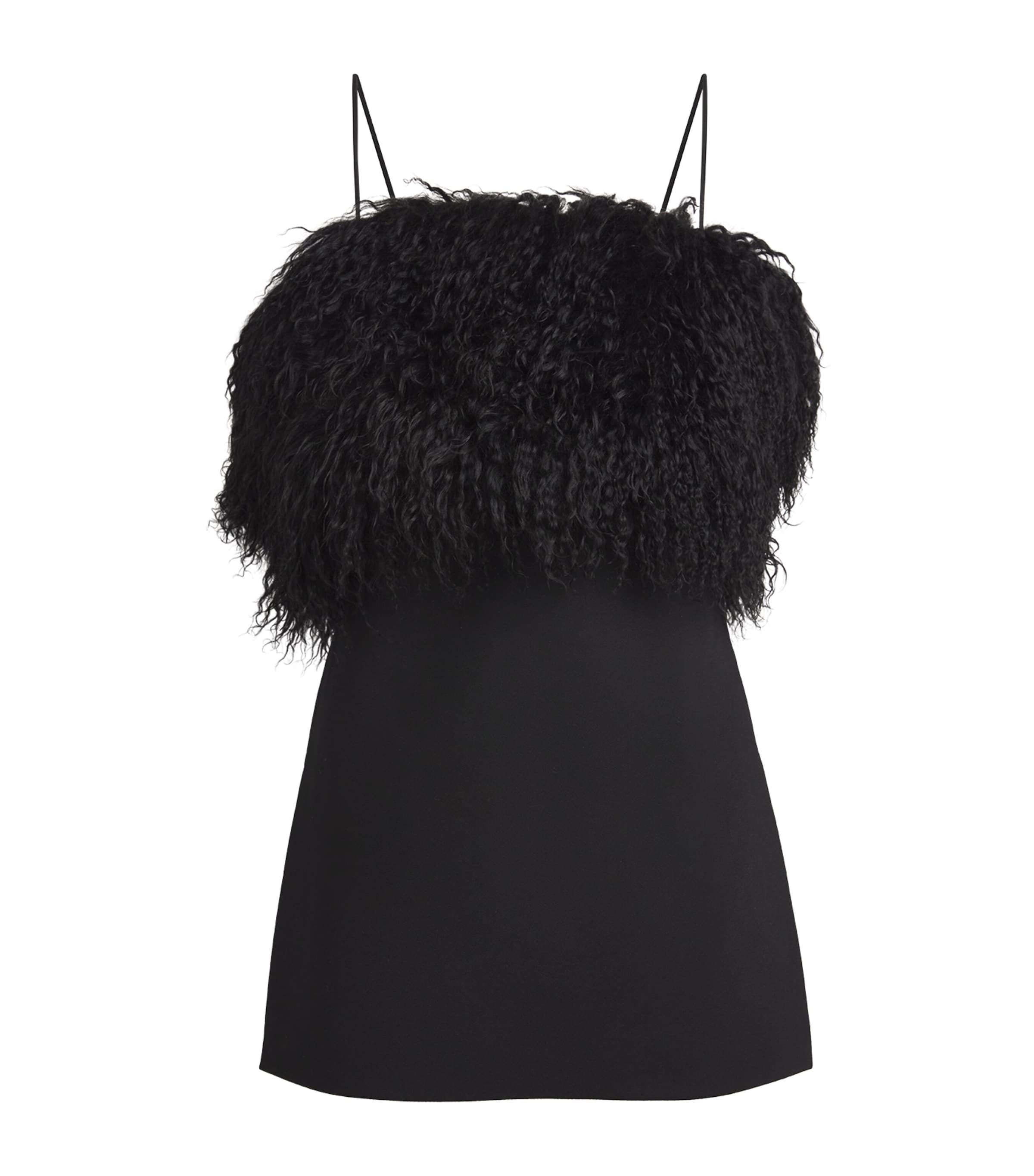 black satin lace mini dress Black Crepe Fur Hem Mini Dress – self-portrait-US main image 0