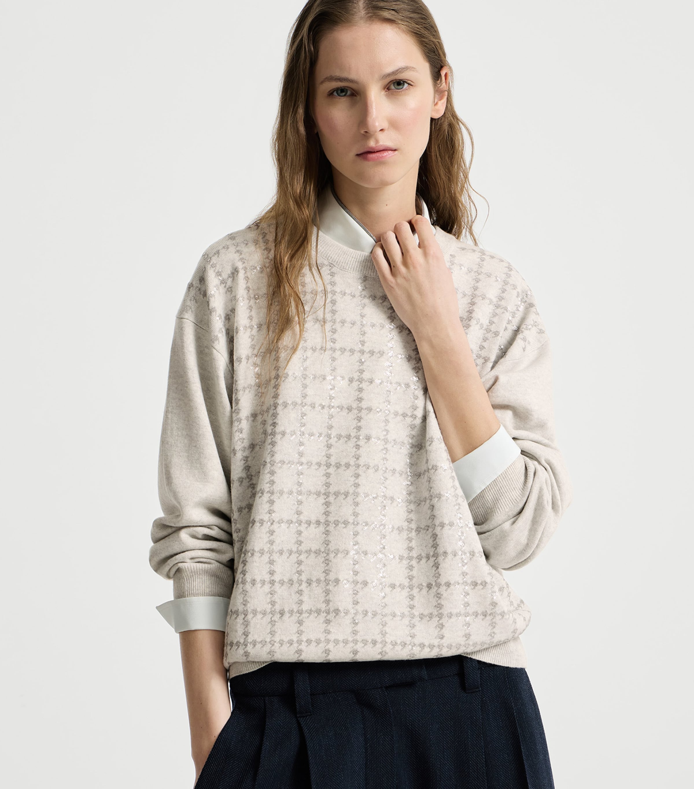 Brunello Cucinelli Womens Cashmere Sequin-Houndstooth Sweater Nebbia Image 2