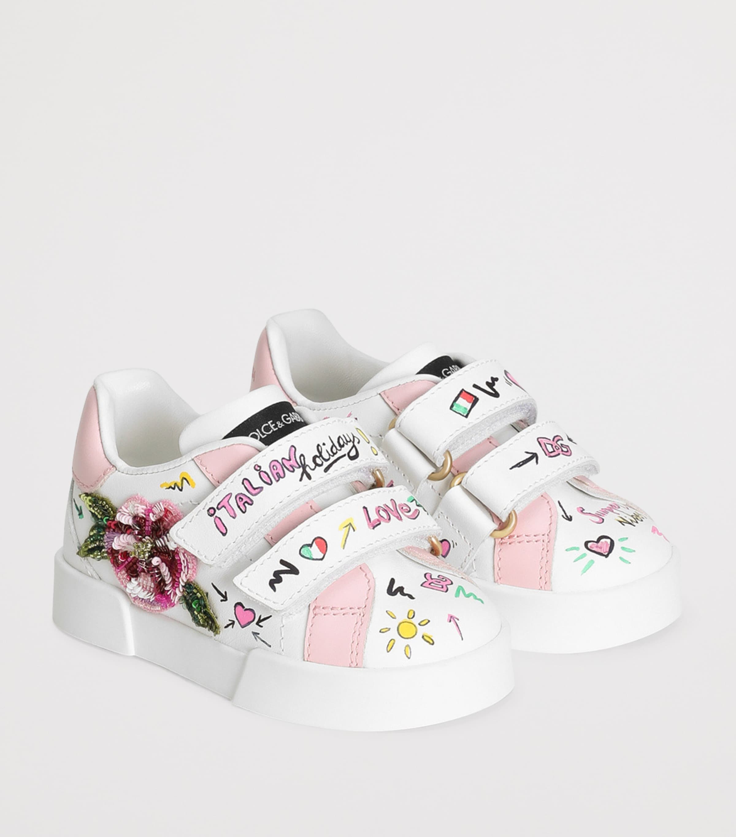 美品 DOLCE&GABBANA Kids 24-30m Logo embellished leather sneakers in white - Dolce Gabbana