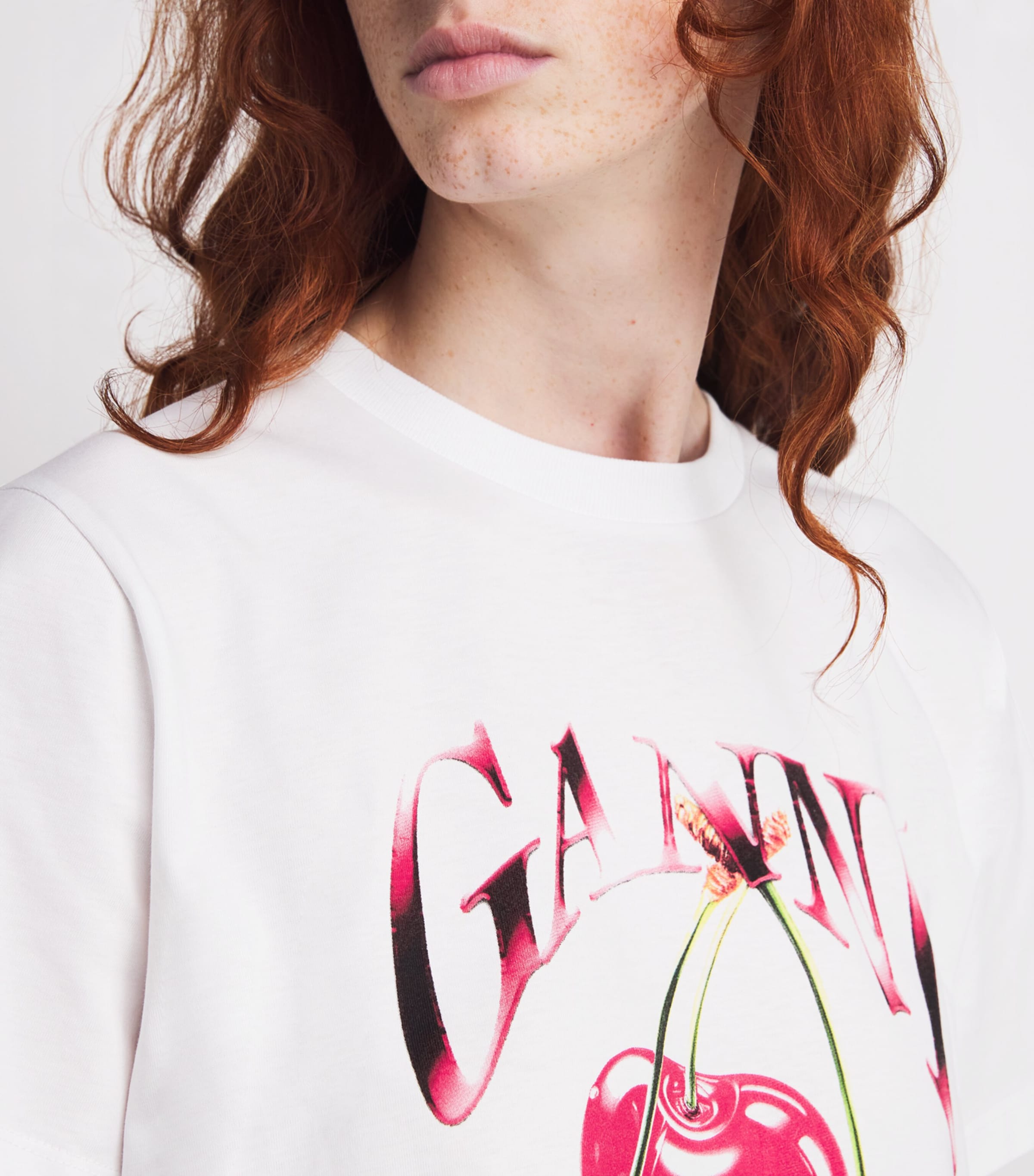 GANNI Womens Organic Cotton Cherry T-Shirt Bright White Image 6