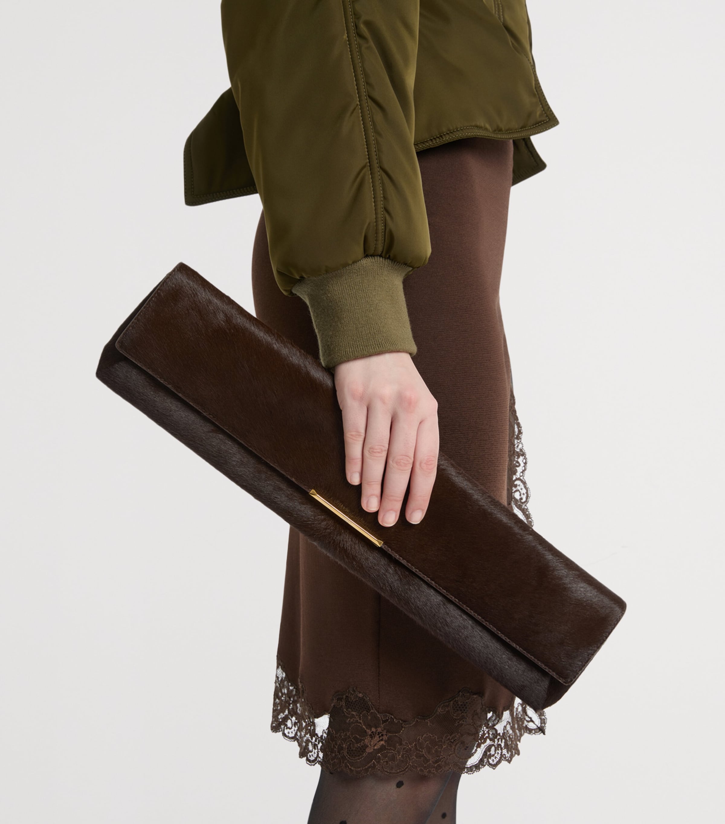 Balmain Long Leather Pony-Effect Clutch Bag Marron Fonce Image 2