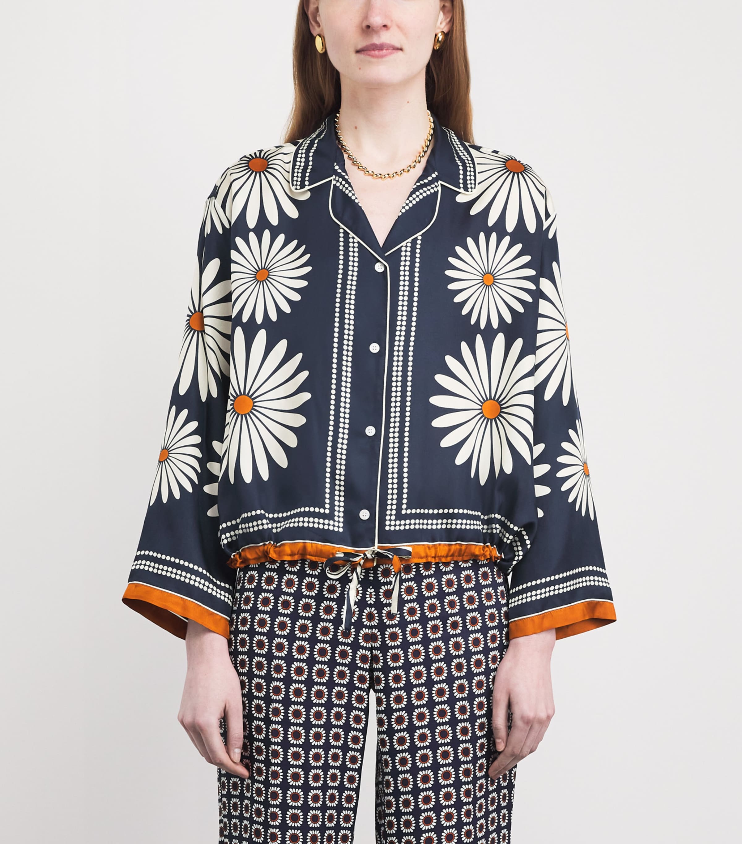 Sandro Paris Womens Silk Floral Print Shirt Deep Blue / Ocher Image 4