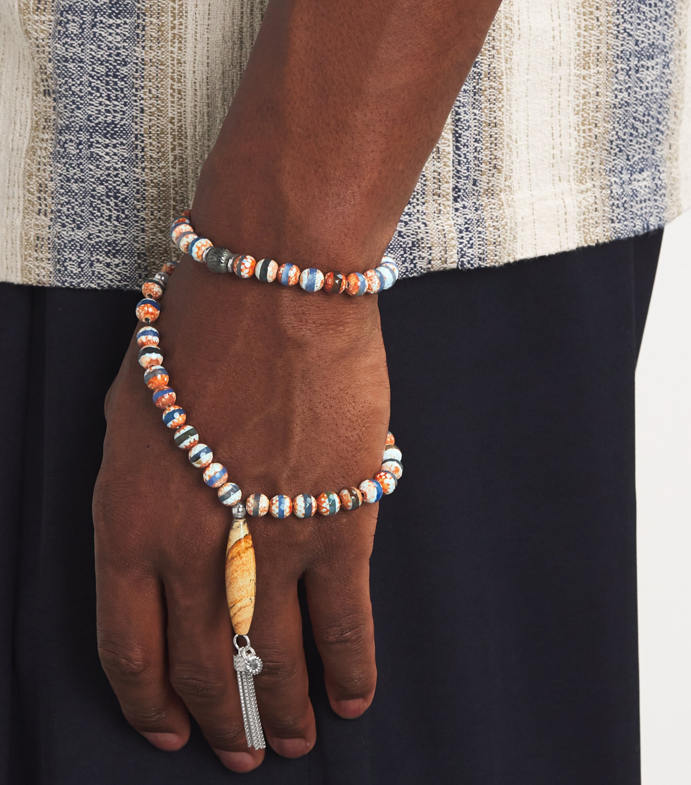 Tateossian Botswana Agate and Rhodium-Plated Silver Worry Beads Bracelet Orange Image 2