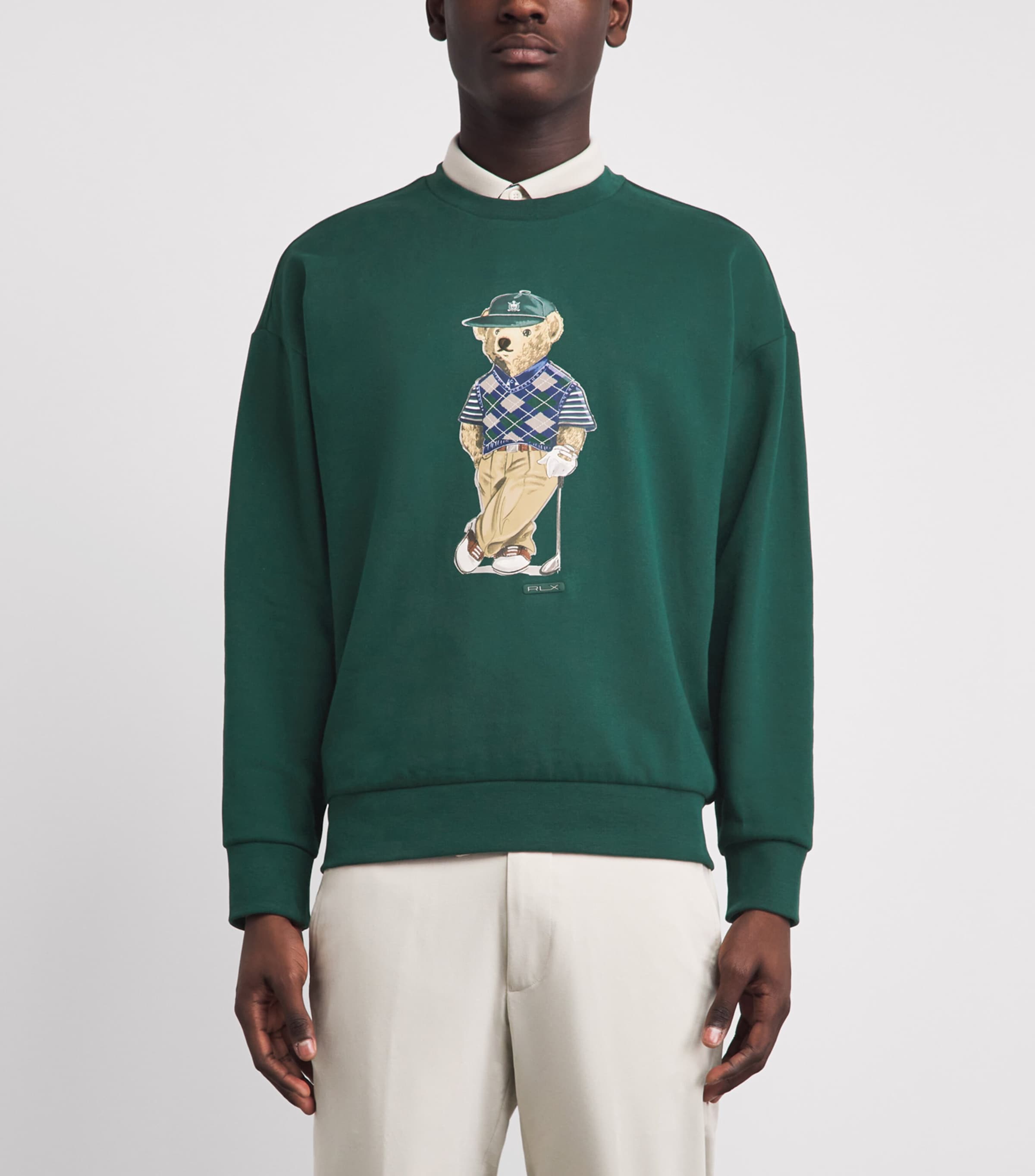 RLX Ralph Lauren Mens Cotton-Blend Relaxed Fit Polo Bear Sweatshirt Moss Agate Image 4