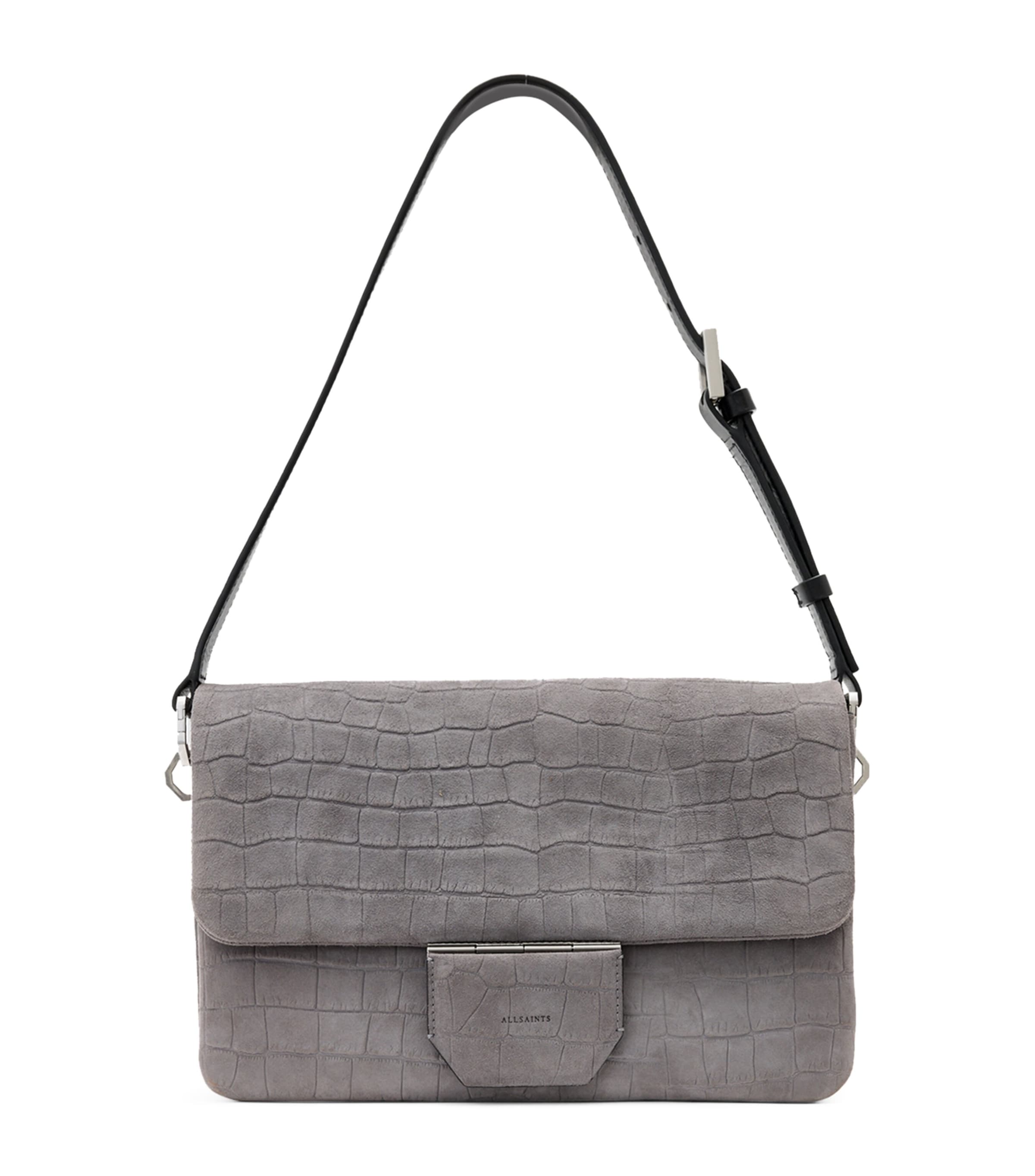 Shop Allsaints Leather Croc-embossed Ondine Shoulder Bag In Blue