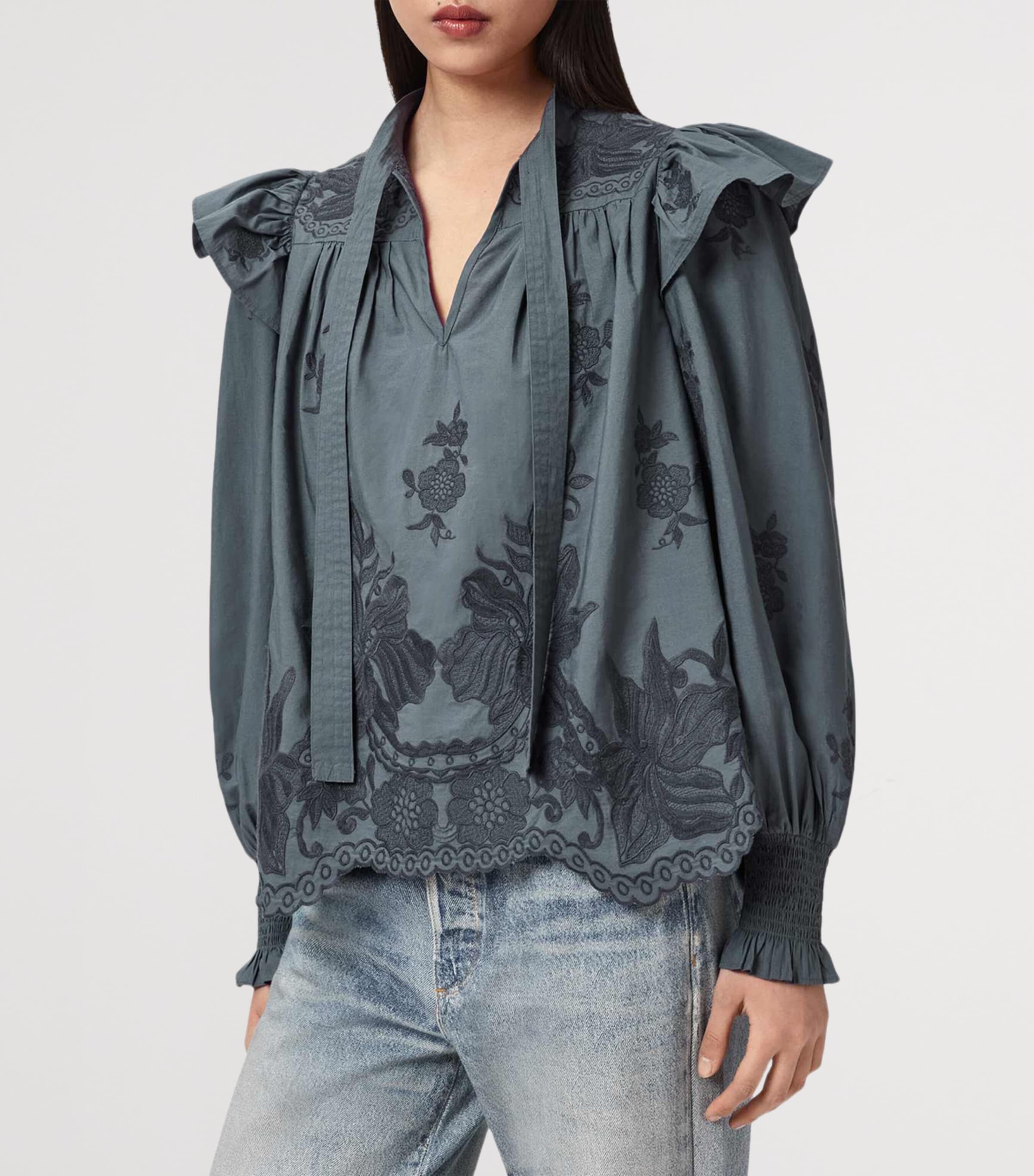 AllSaints Womens Cotton Nisa Embroidered Blouse Steel Blue Image 3