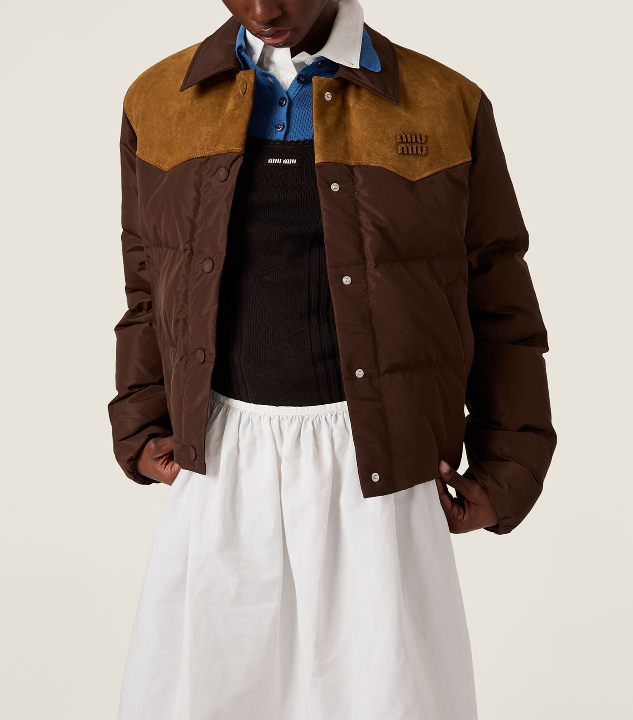 Miu Miu Womens Leather-Trim Down-Filled Jacket Image 5