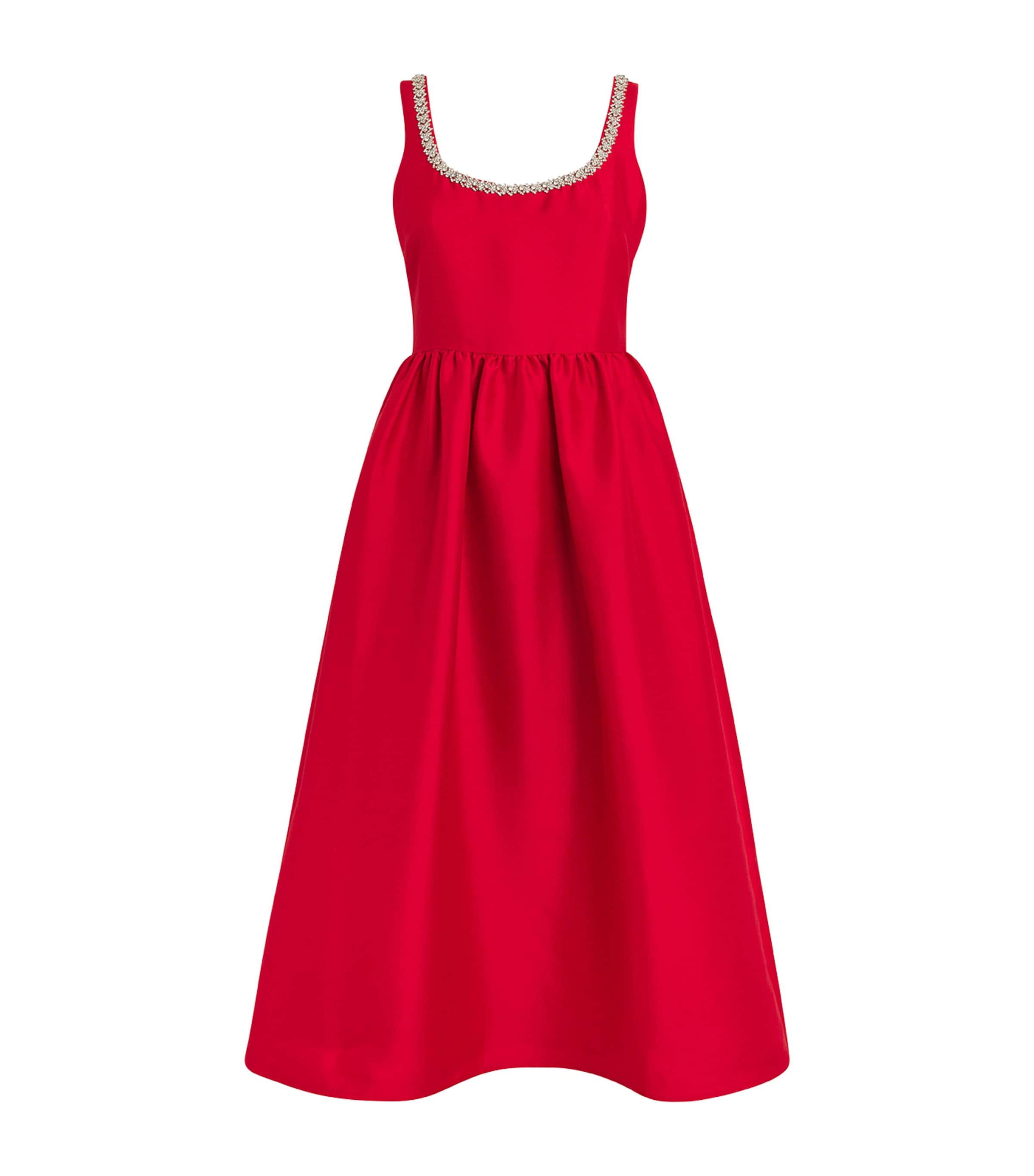 Self-portrait Belted Taffeta Midi Dress In Red