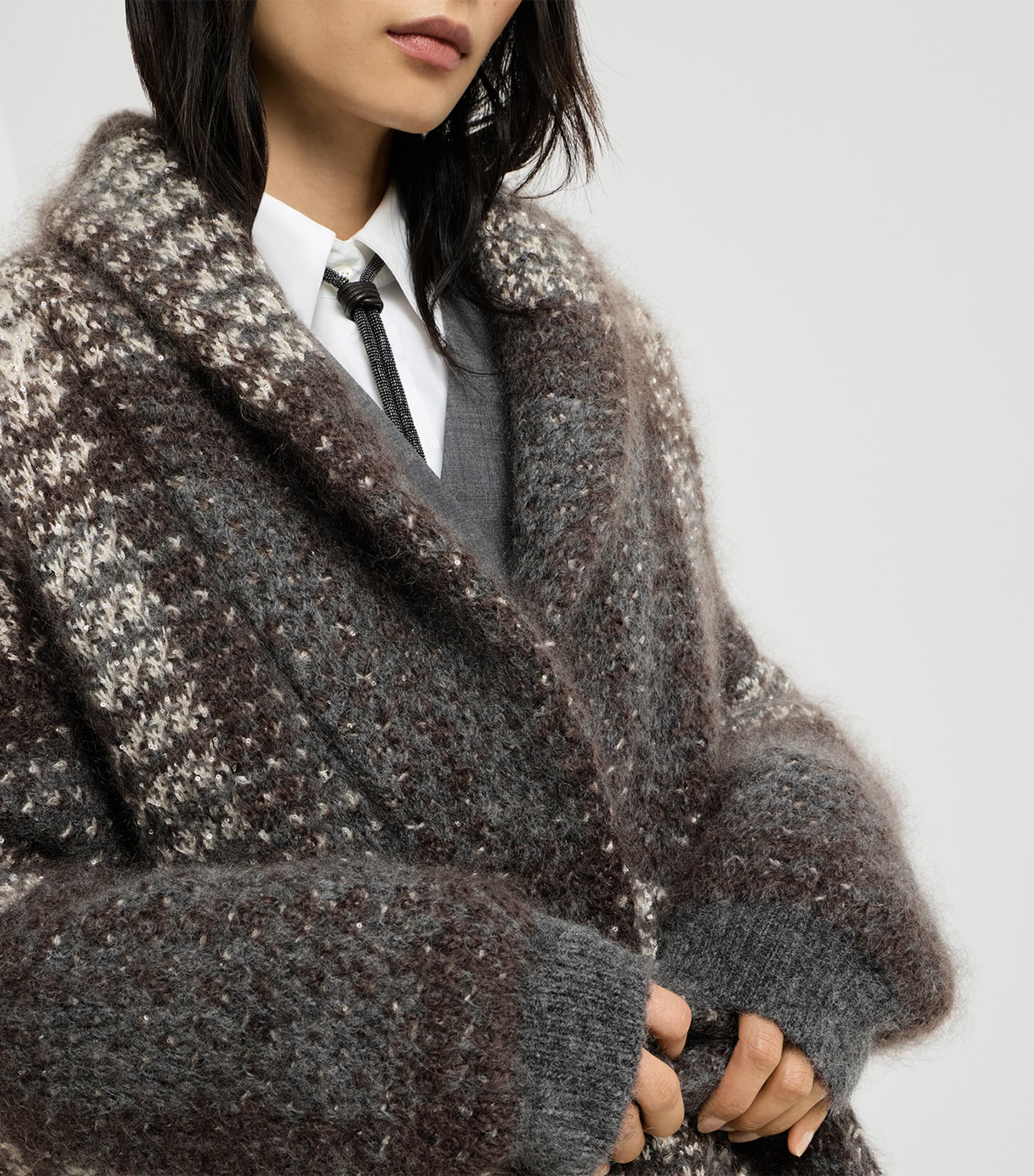 Brunello Cucinelli Womens Tartan Longline Coat Beige+grey Image 6