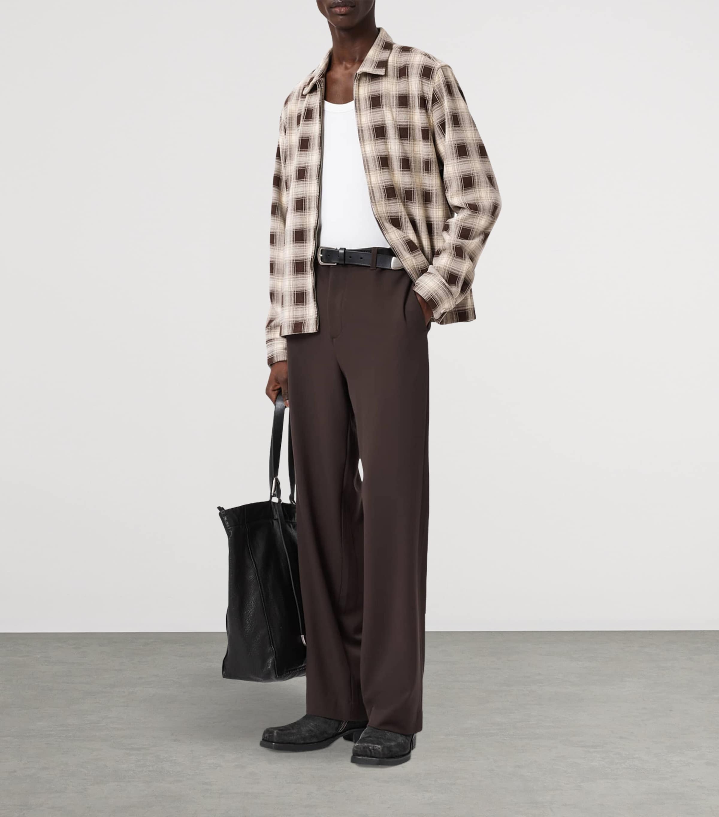 AllSaints Mens Check Krater Overshirt Brown/ecru White Image 2