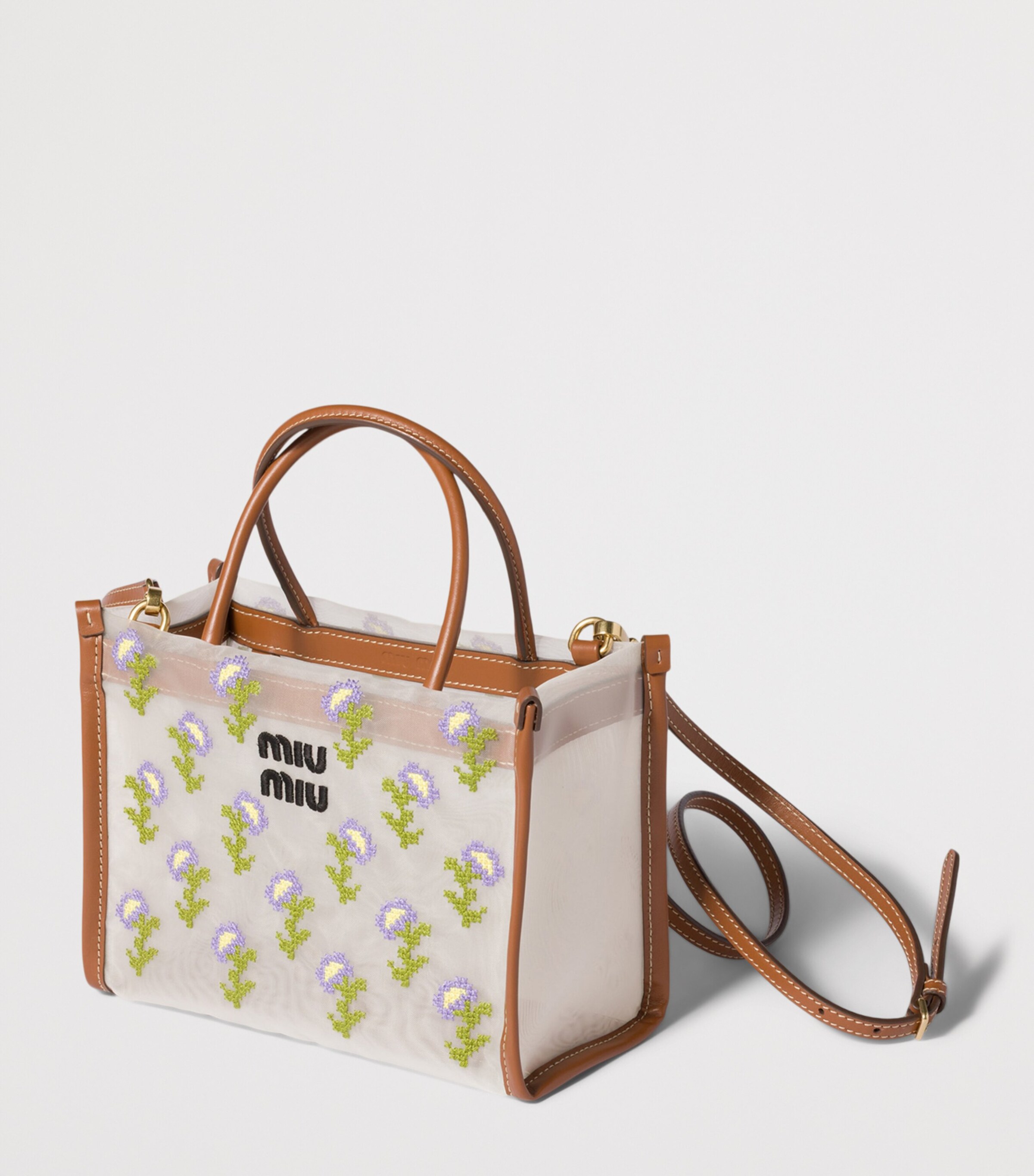 Miu Miu Embroidered Mesh Top-Handle Bag Brown Image 2