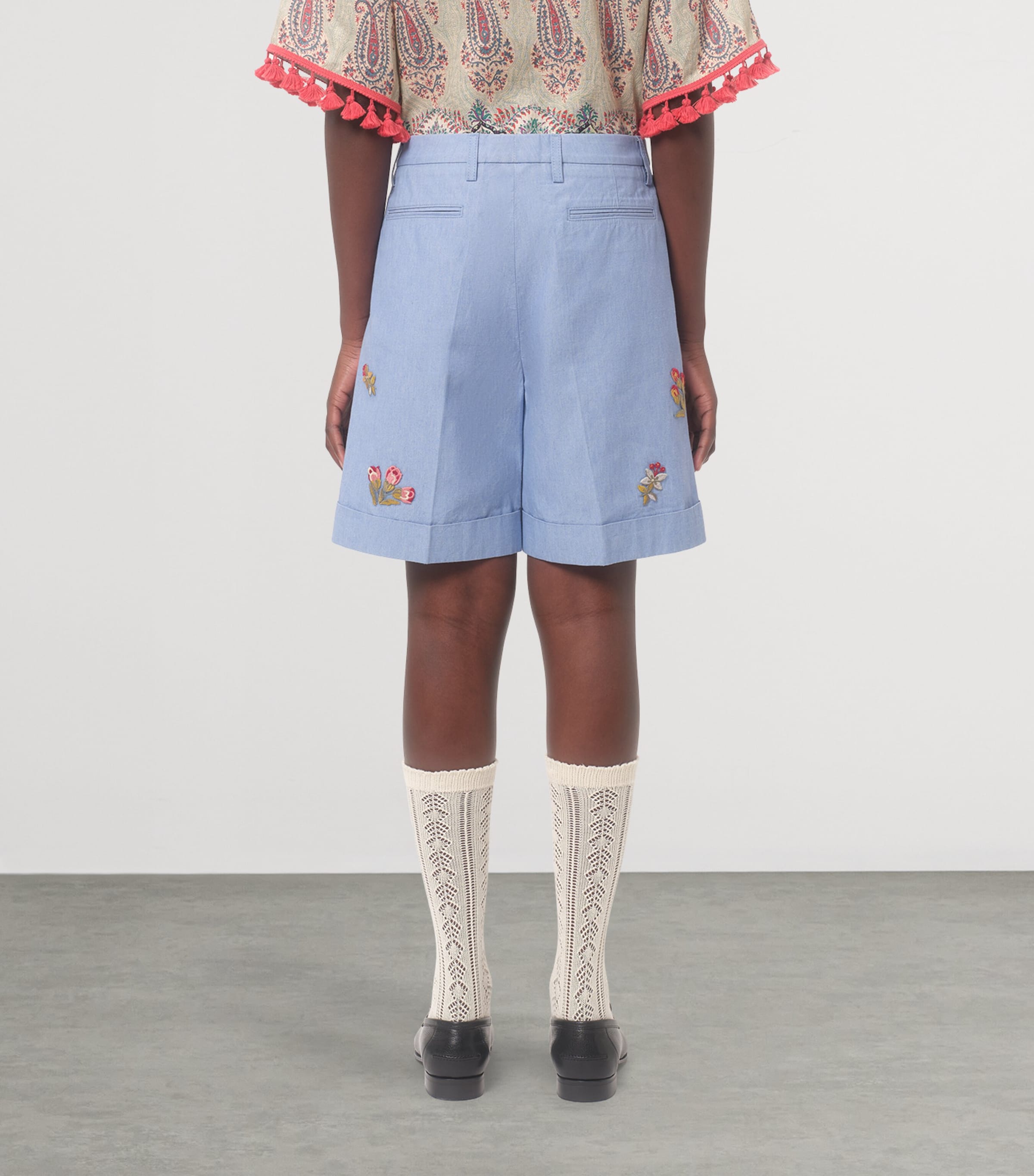Denim Embroidered Tailored Shorts 508 Image 4