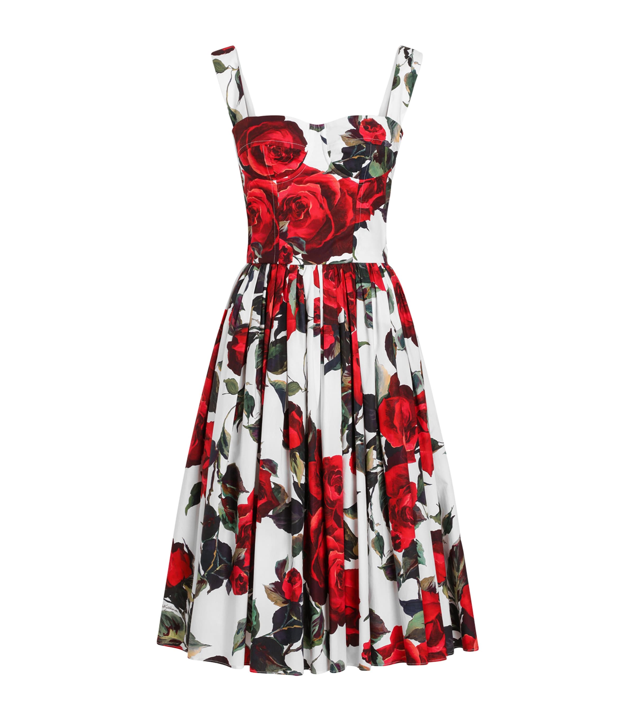 Dolce & Gabbana Women Midi Dress With Red Roses On A White Background