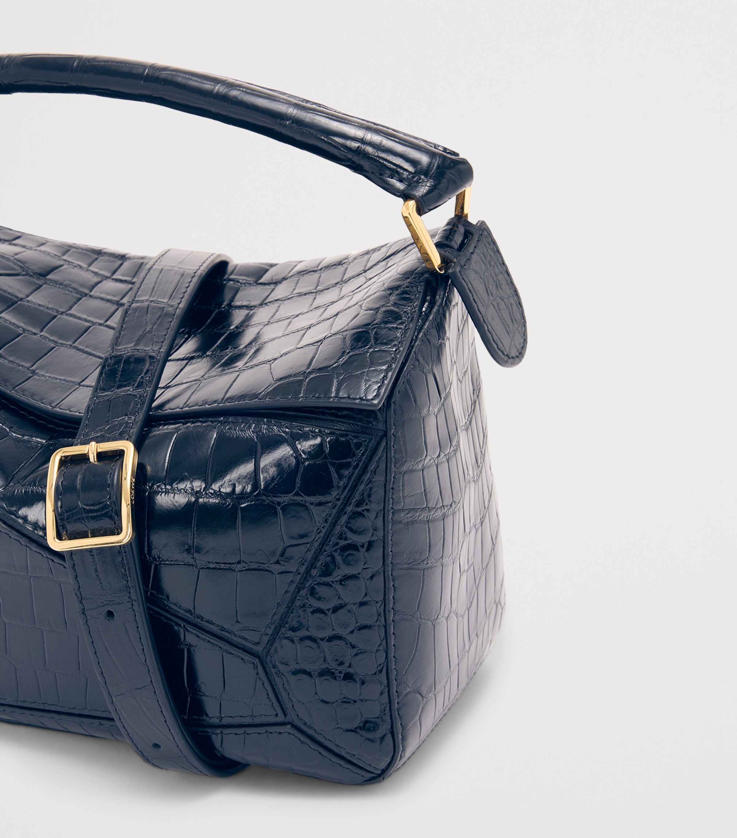 Small Crocodile Skin Puzzle Top-Handle Bag NAVY Image 12