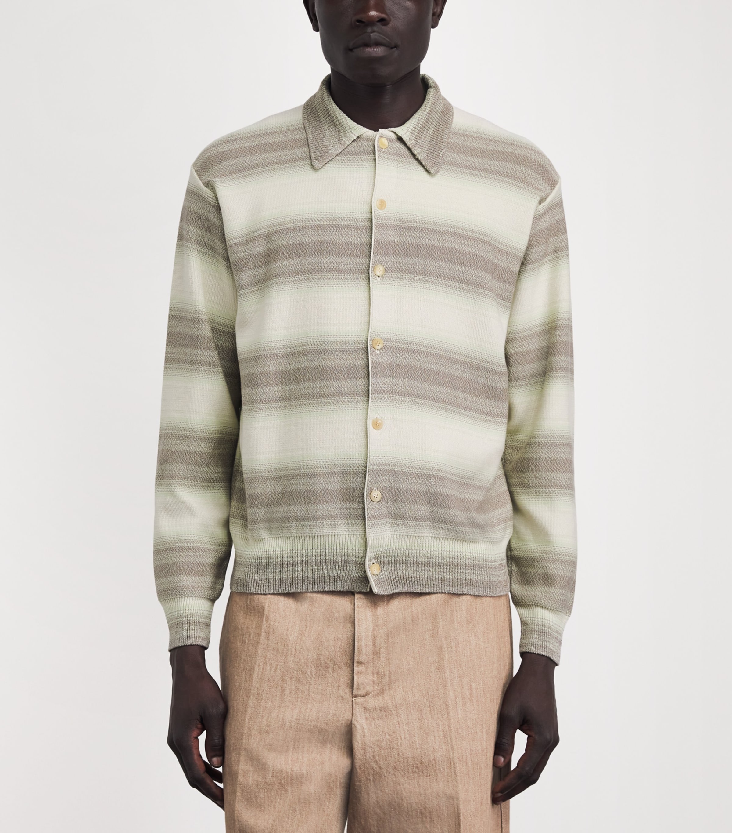 Auralee Mens Cotton-Silk Striped Cardigan Lime Gray Stripe Image 4