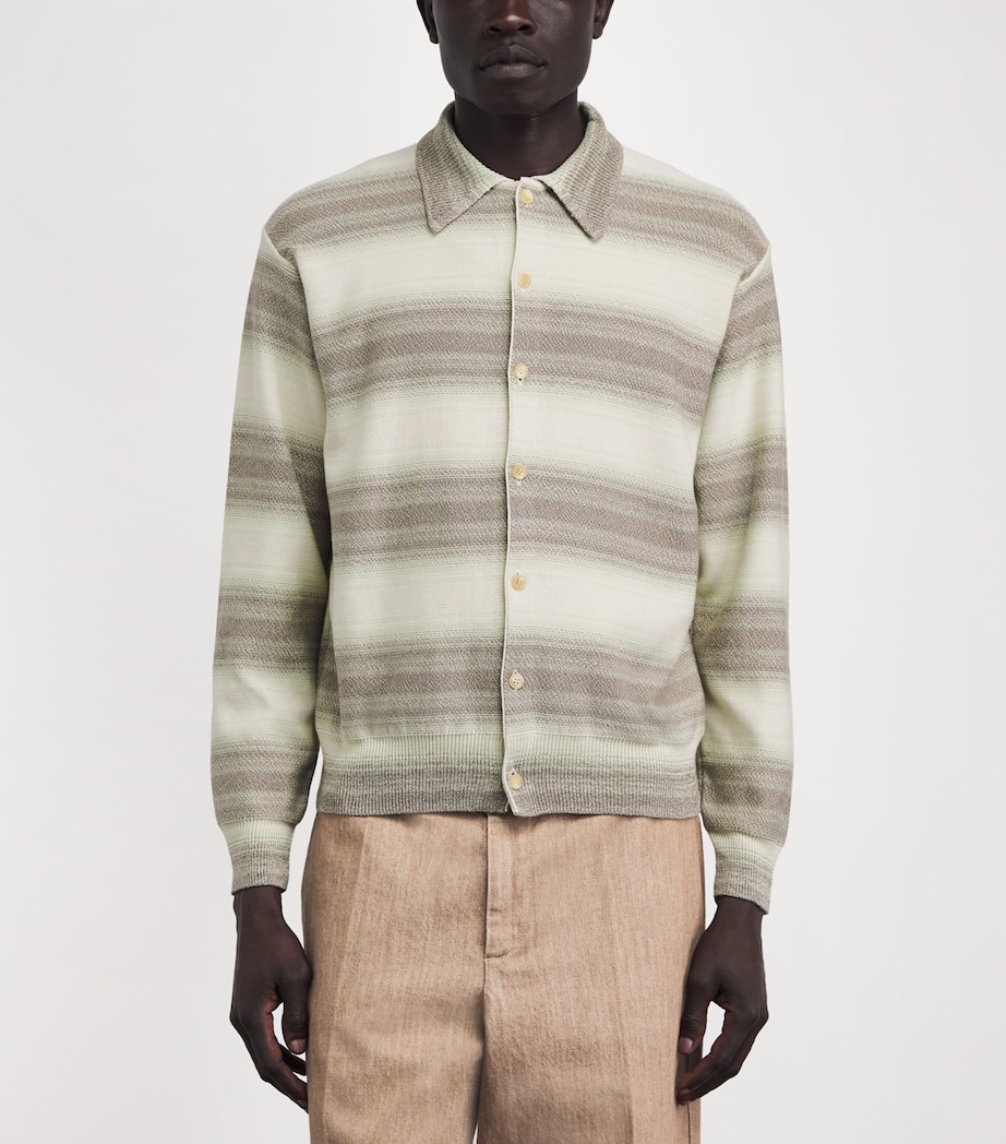 Auralee Mens Cotton-Silk Striped Cardigan Lime Gray Stripe Image 4