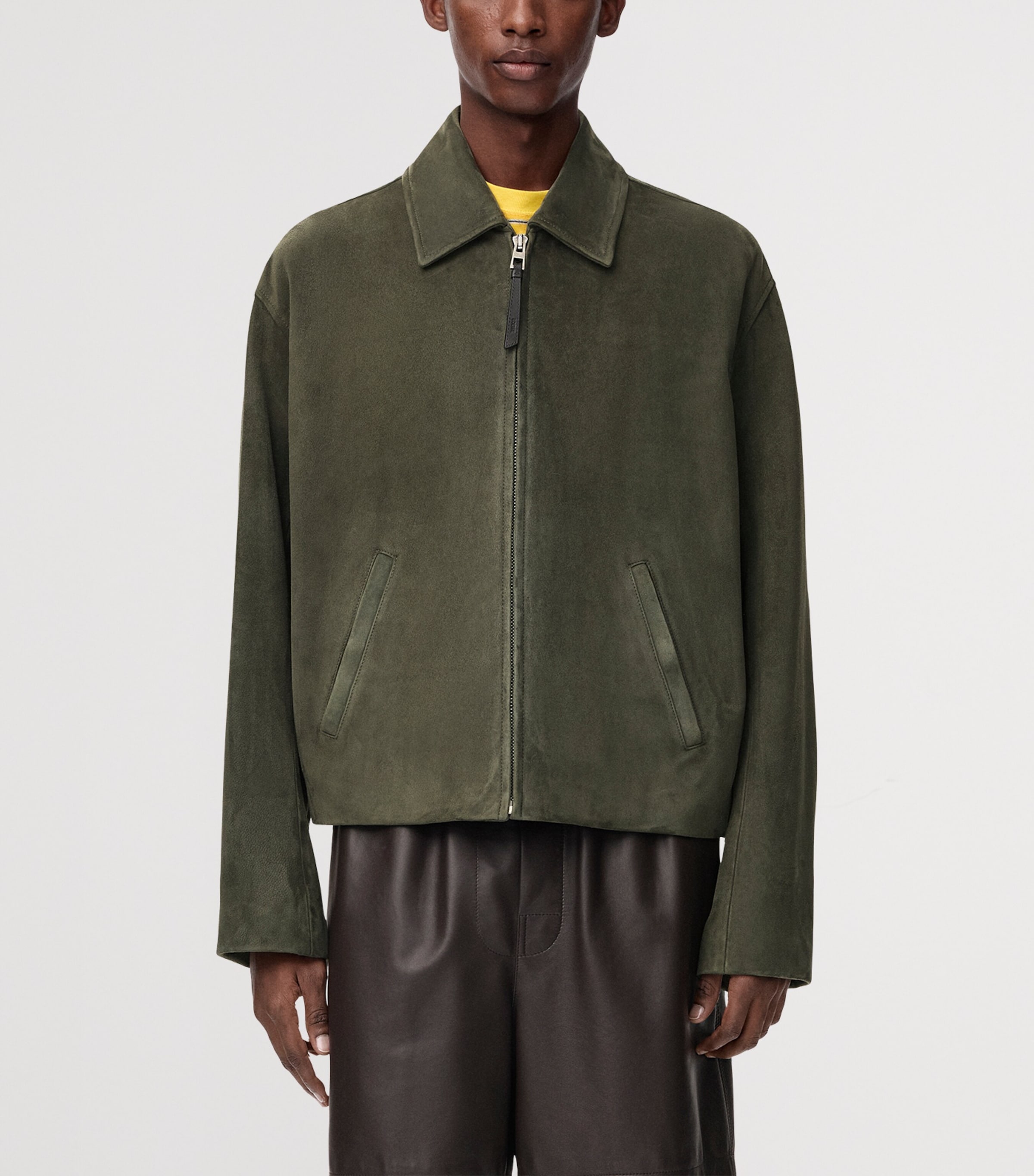 LOEWE Mens Suede Zip-Up Jacket Khaki Green Image 3