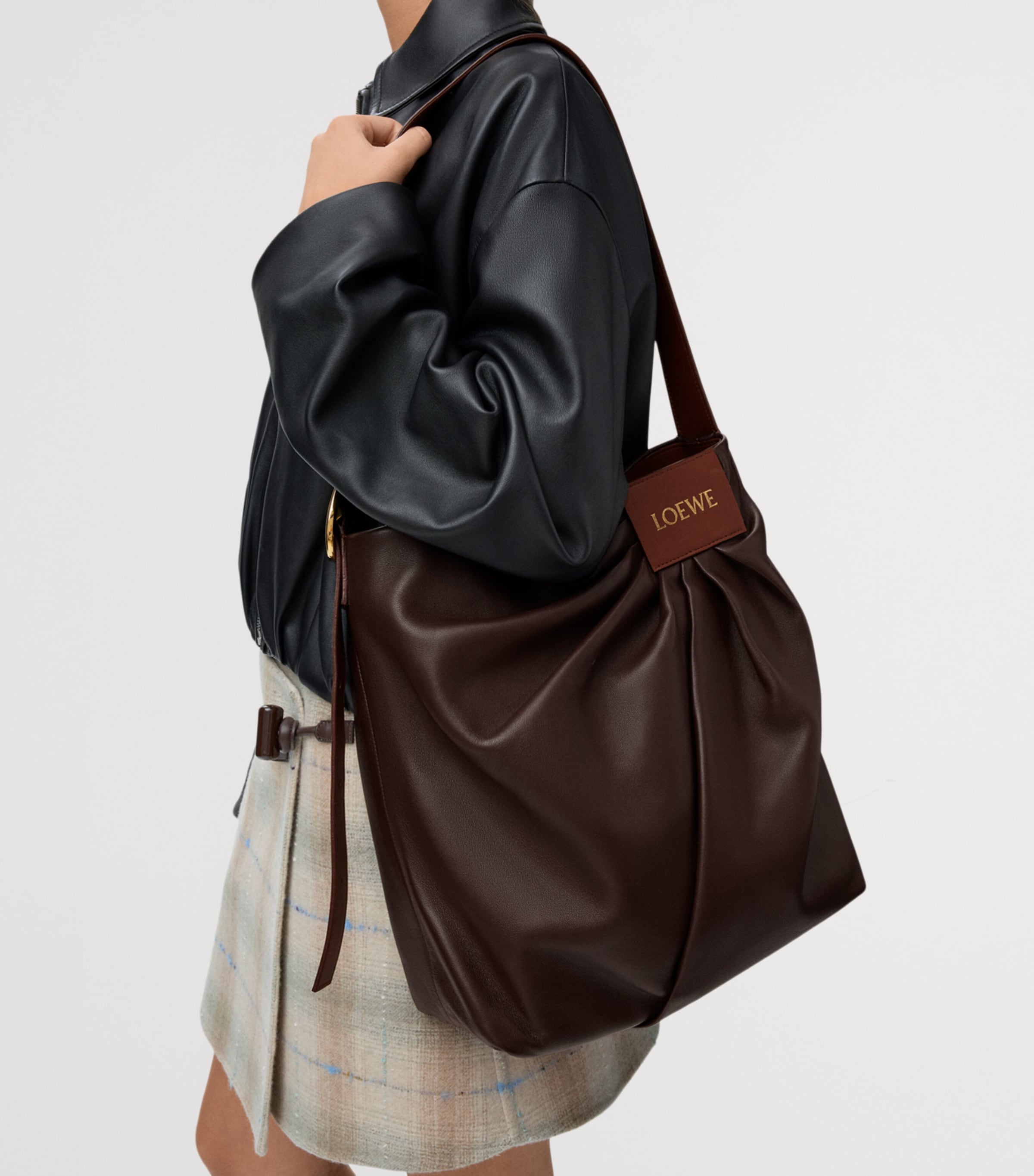 Leather Draped Tote Bag DARK CHESTNUT Image 2