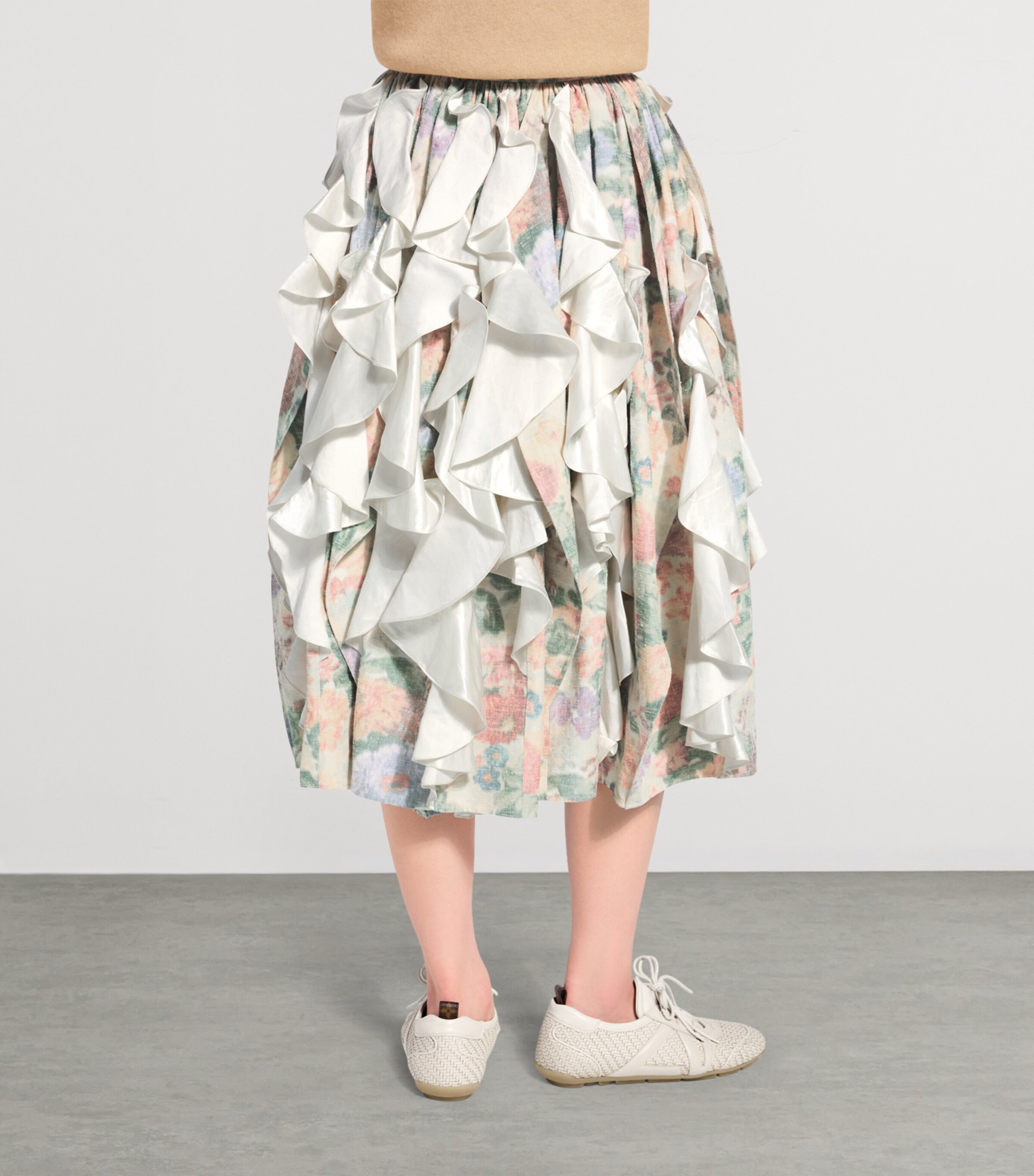 LOUIS VUITTON Womens Floral Ruffle-Insert Midi Skirt Beige Image 4