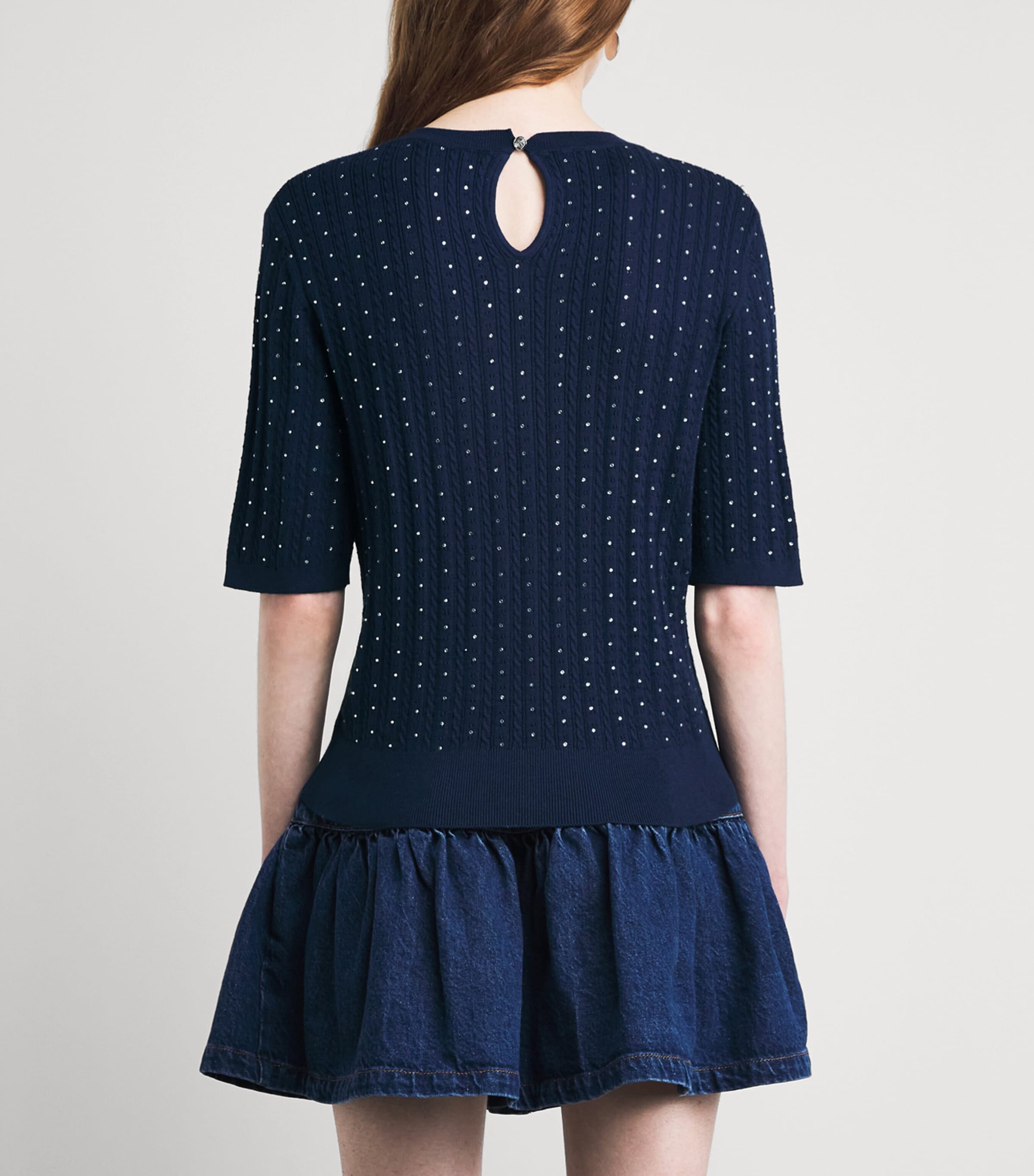 Maje Womens Cotton-Blend Rhinestone Sweater Navy Image 5