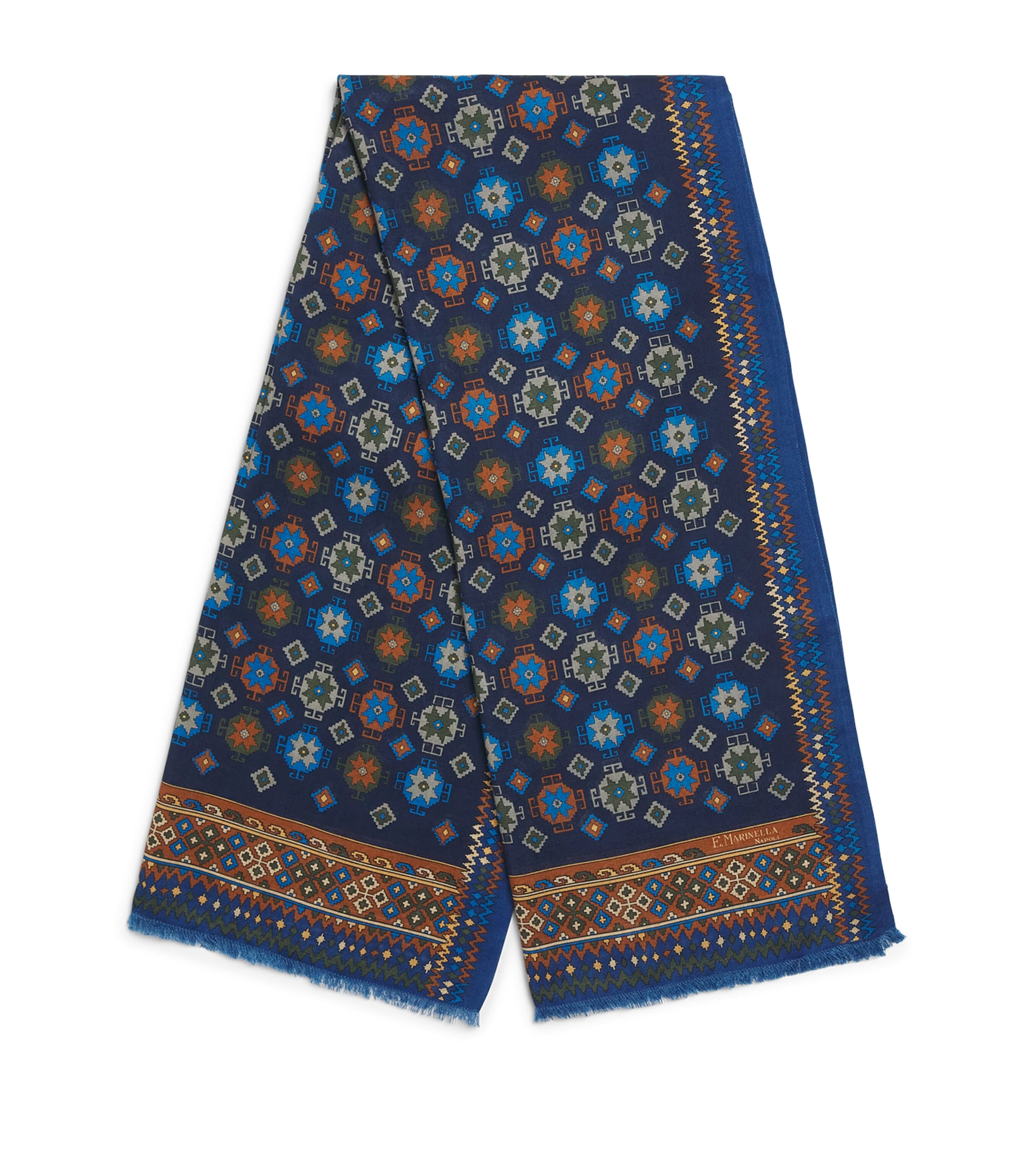 E. Marinella Wool-Silk Geometric Print Scarf Navy Image 1
