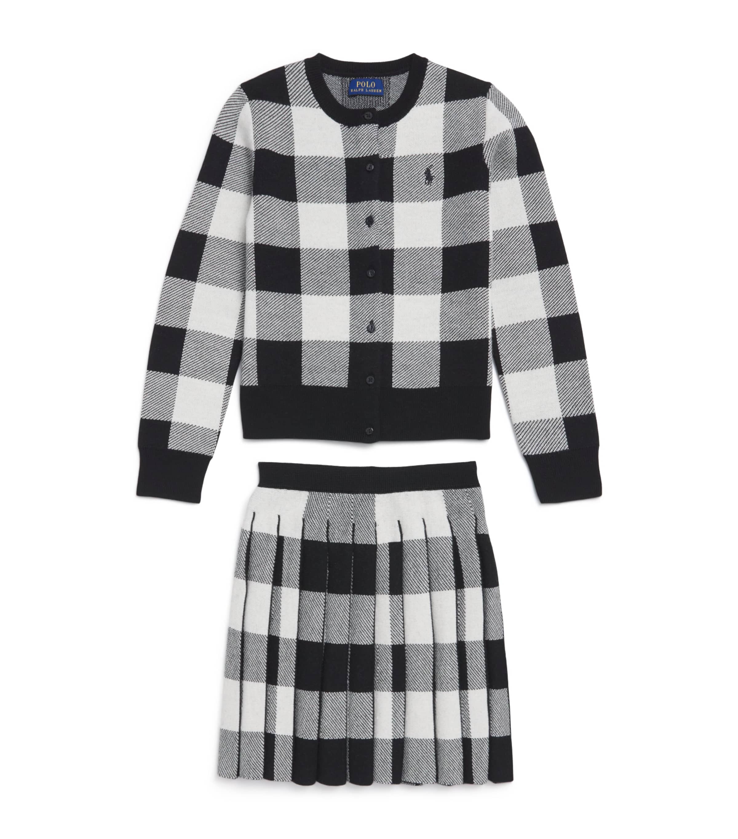 Ralph Lauren Wool Check Print Cardigan And Skirt Set In Black