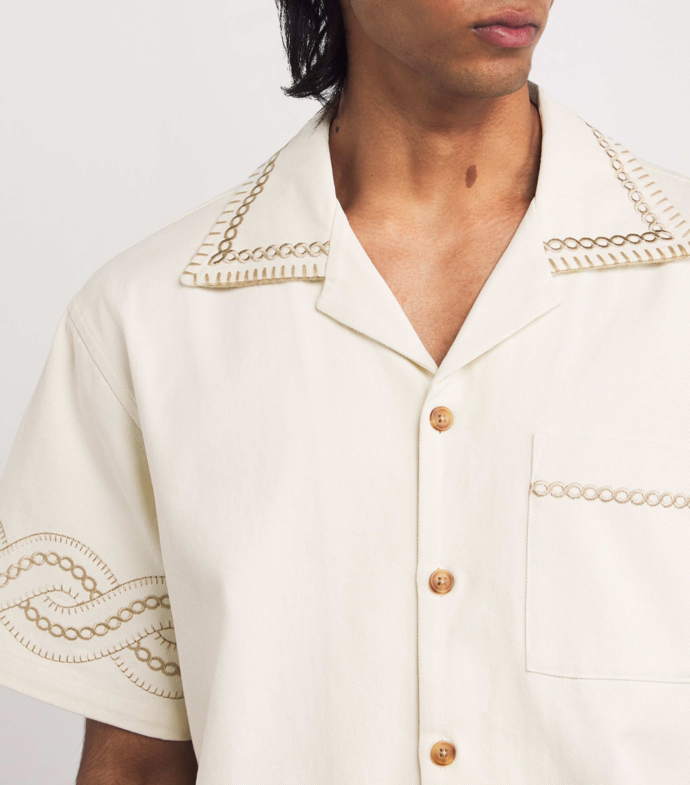 Drôle De Monsieur Mens Cotton Braid-Embroidery Short-Sleeve Shirt Cm / Cream Image 6