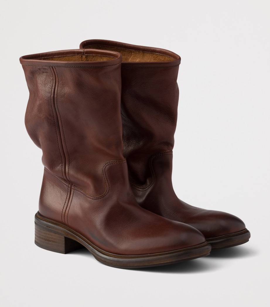 Prada Leather Vintage-Effect Mid-Calf Boots 30 Brown Image 3