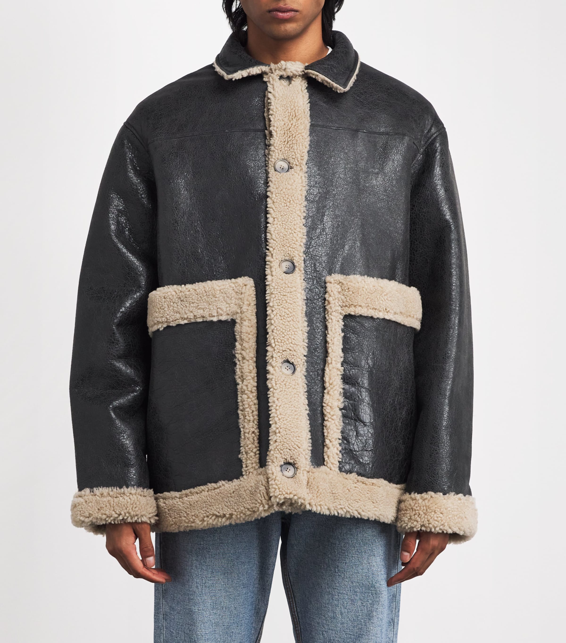 Leather Shearling Reversible Jacket 961 - BEIGE/BLACK Image 3