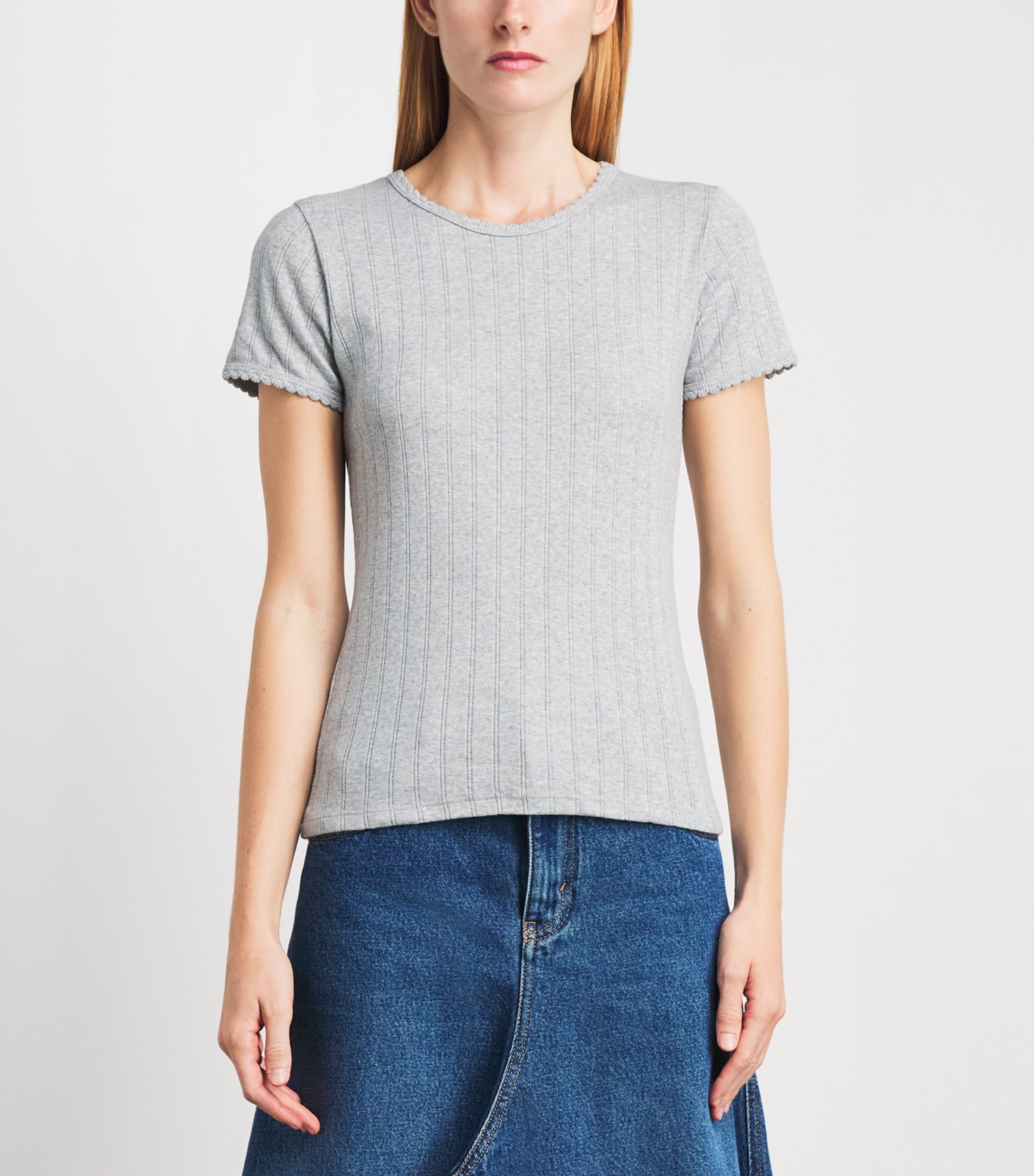 LESET Womens Cotton Pointelle Short-Sleeve T-Shirt Light Grey Melange Image 4