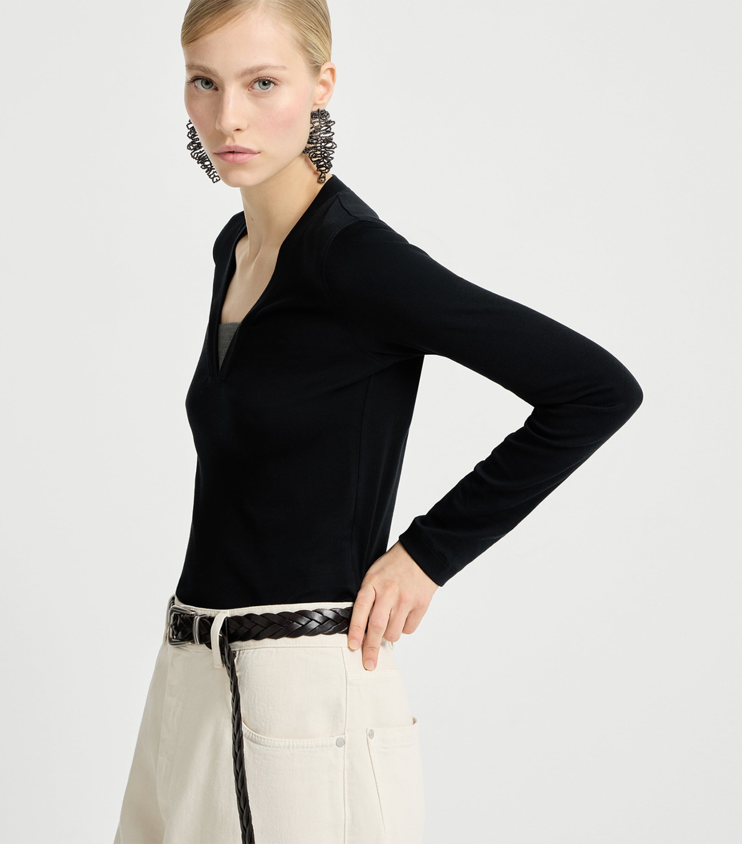 Brunello Cucinelli Womens Stretch-Cotton Monili-Detail T-Shirt Image 5
