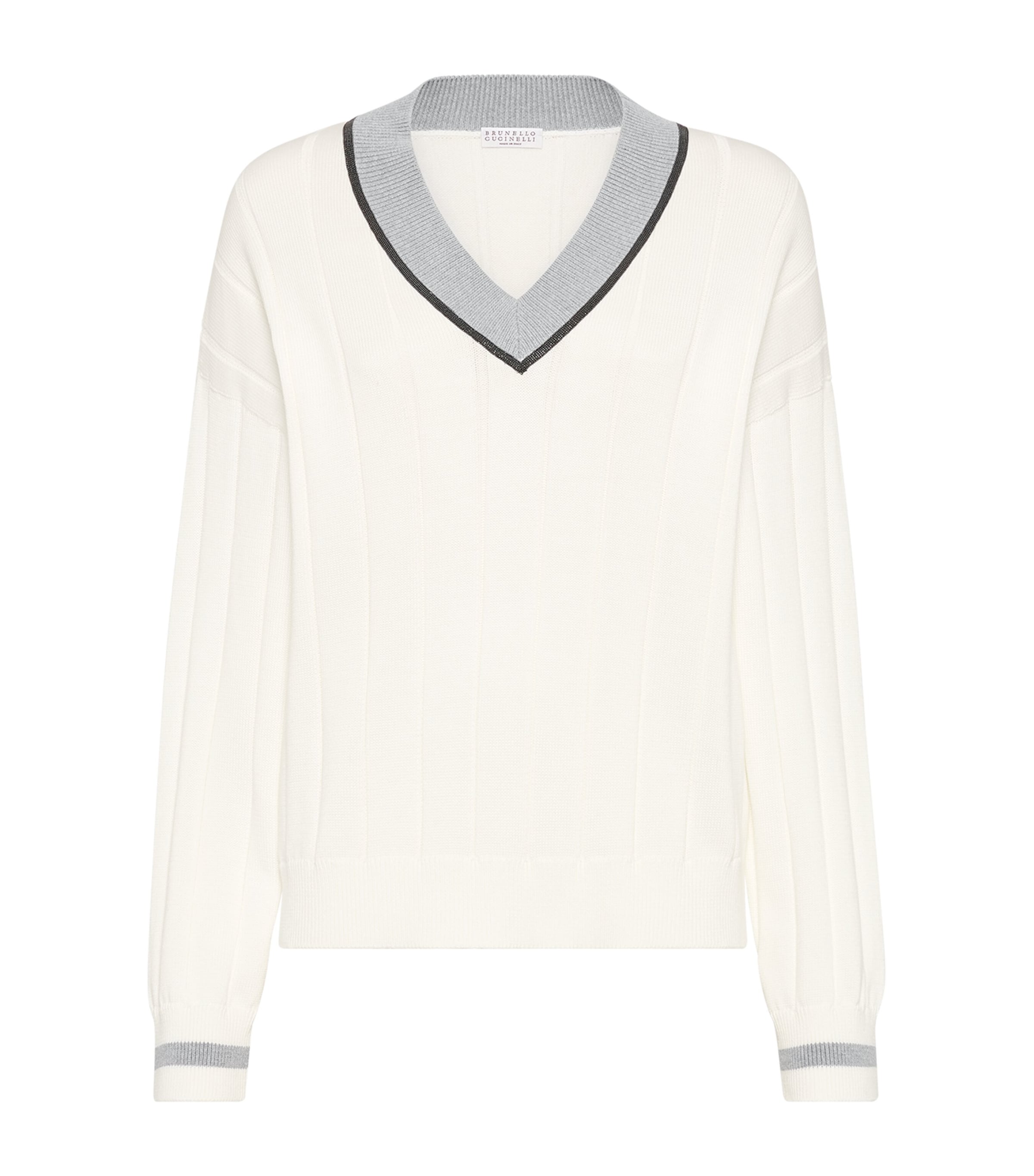 Brunello Cucinelli White T-shirt With V Neck And Monil Detail On The Collar In White