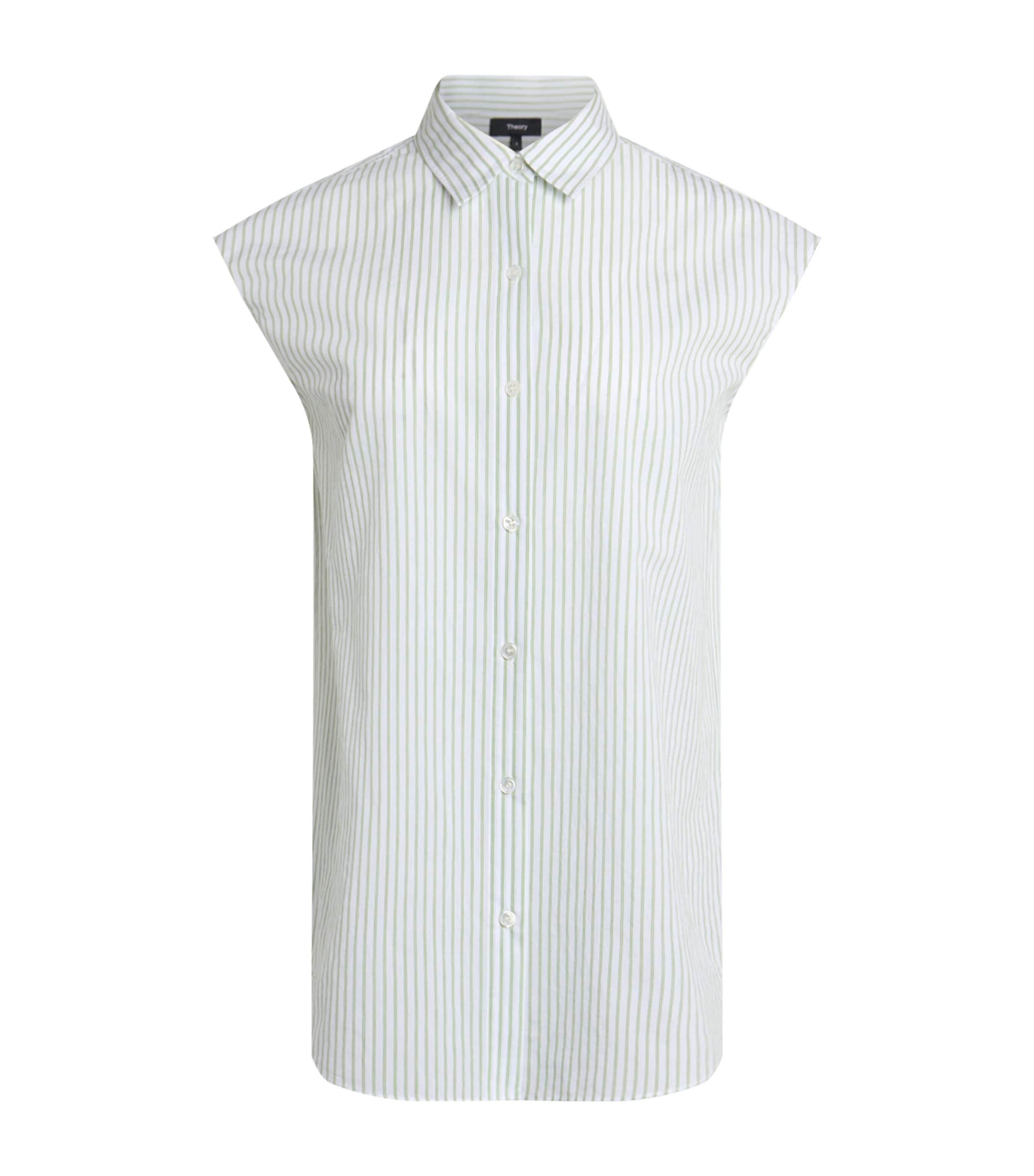 Theory Cinched Cap-sleeve Shirt In Striped Cotton-blend In White
