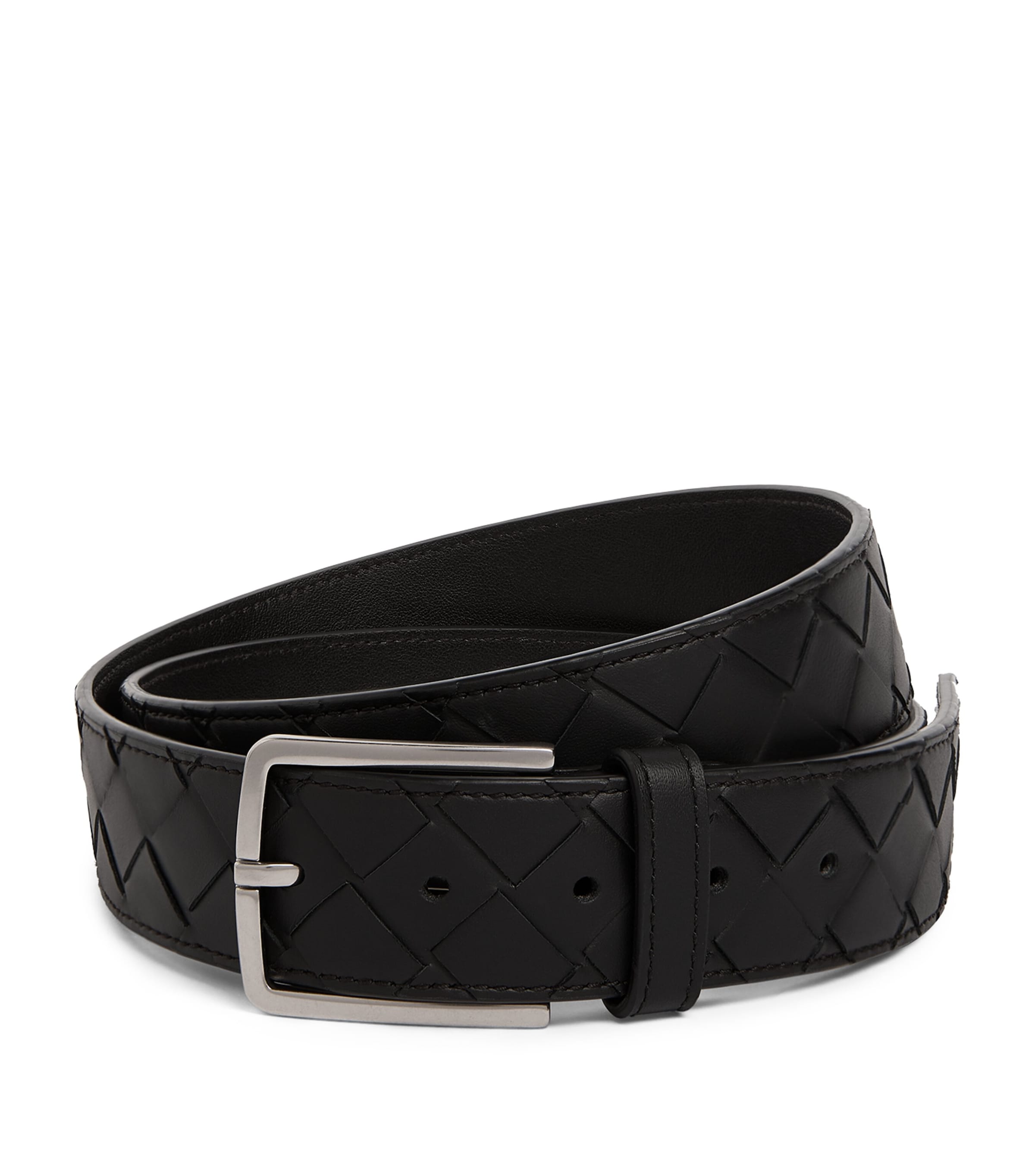 Bottega Veneta Leather Intrecciato Belt In Black