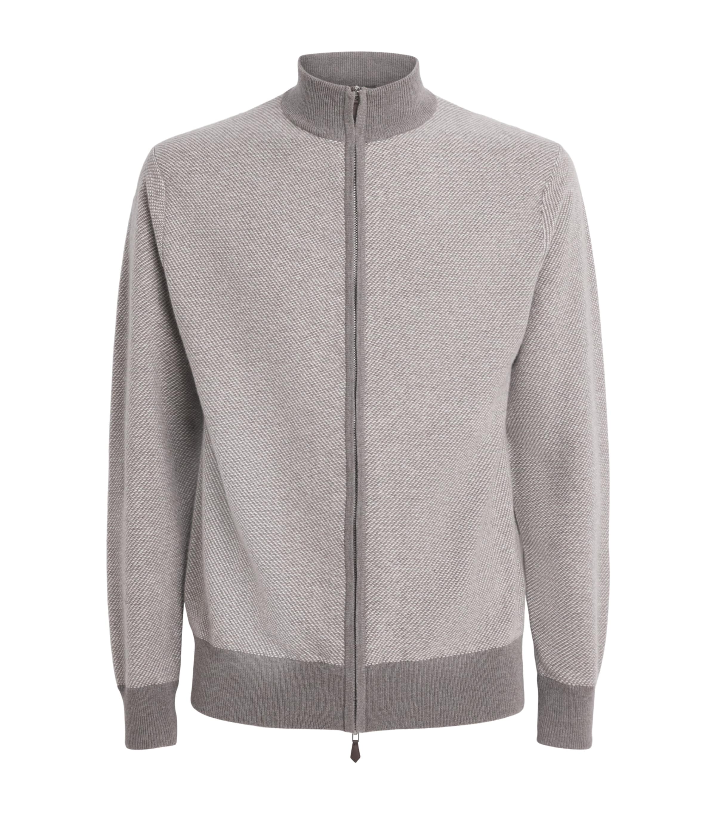 N.Peal Mens Organic Cashmere Birdseye Cardigan Taupe Ecru New Ivory Image 1